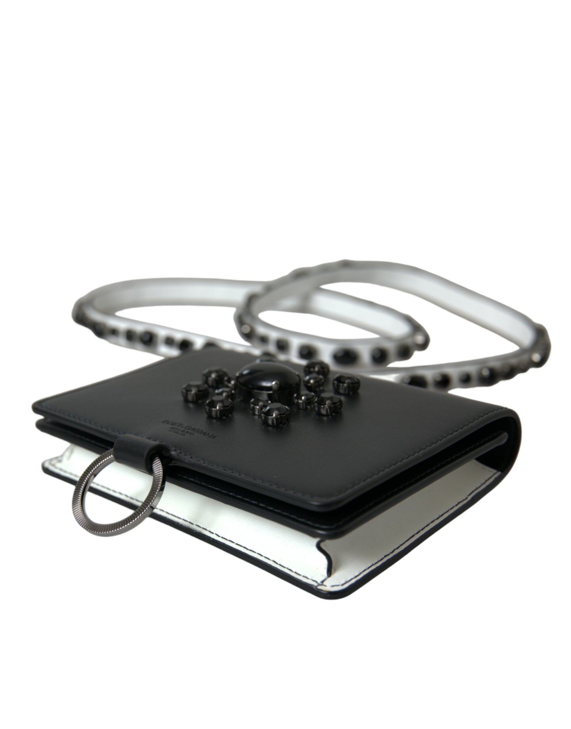 Dolce & Gabbana Black White Leather Crystal Embellished Cardholder Wallet Curated Luxury Accessories by Orvyn