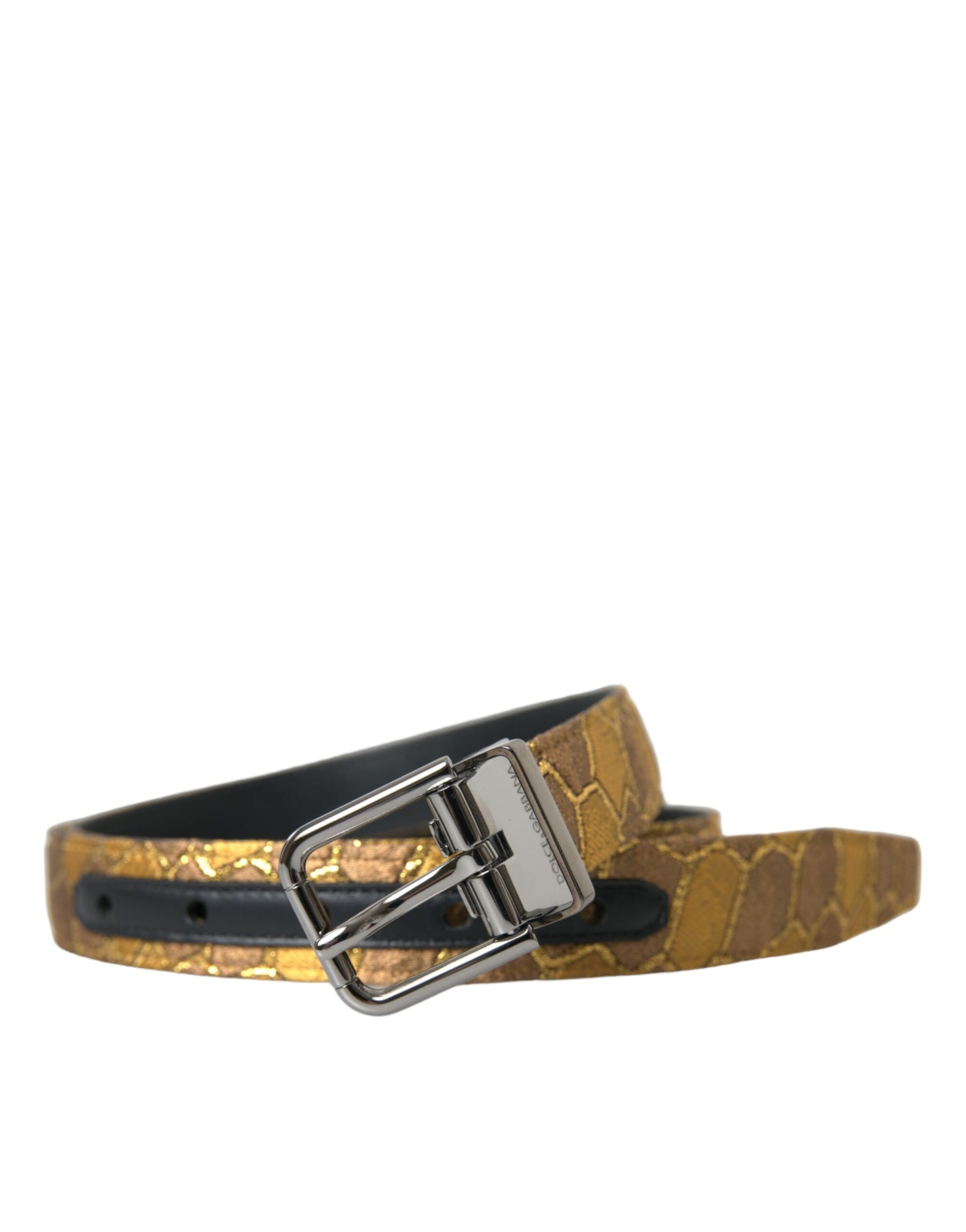 Dolce & Gabbana Gold Leather Jacquard Silver Metal Buckle Belt Curated Luxury Accessories by Orvyn