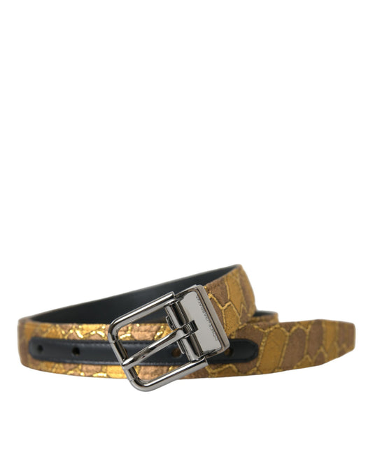 Dolce & Gabbana Gold Leather Jacquard Silver Metal Buckle Belt Curated Luxury Accessories by Orvyn