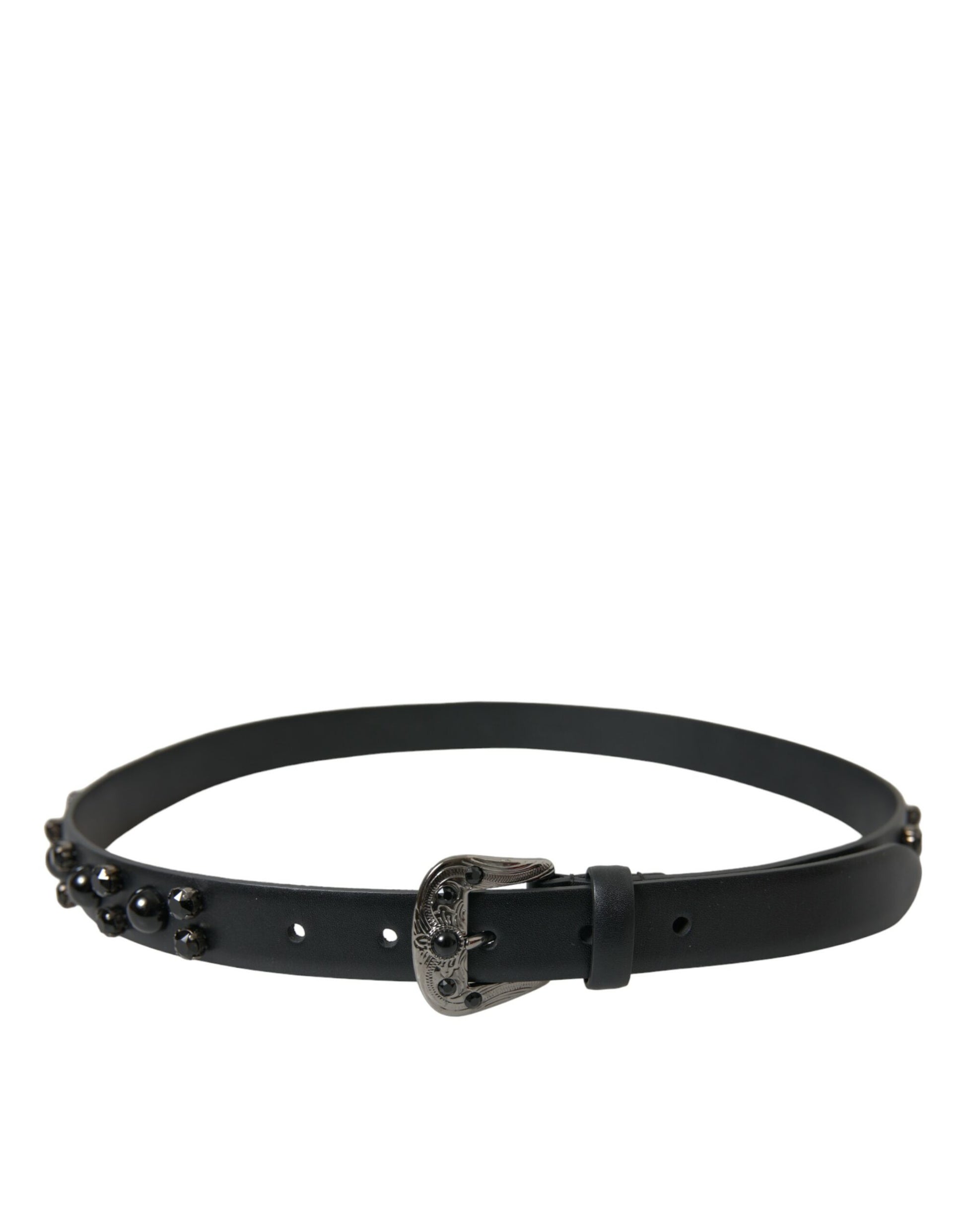 Dolce & Gabbana Black Embellished Leather Engraved Buckle Belt Curated Luxury Accessories by Orvyn