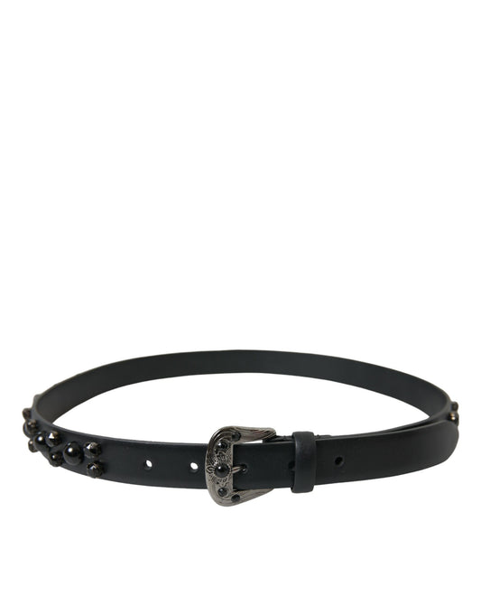 Dolce & Gabbana Black Embellished Leather Engraved Buckle Belt Curated Luxury Accessories by Orvyn