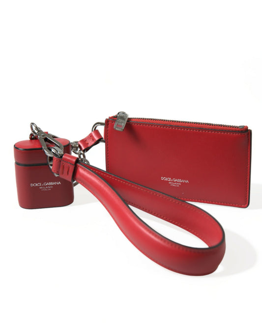 Dolce & Gabbana Red Leather Silver Metal Logo Strap Pouch Airpods Case Curated Luxury Accessories by Orvyn