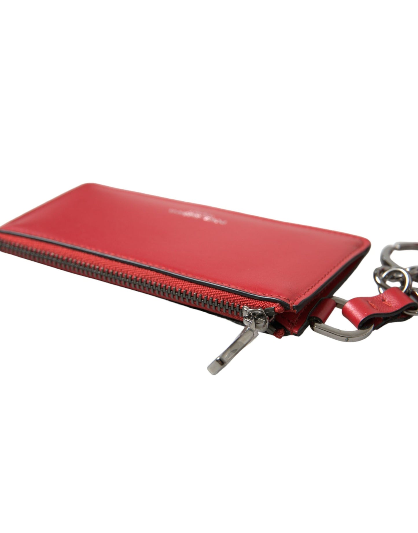 Dolce & Gabbana Red Leather Silver Metal Logo Strap Pouch Airpods Case Curated Luxury Accessories by Orvyn