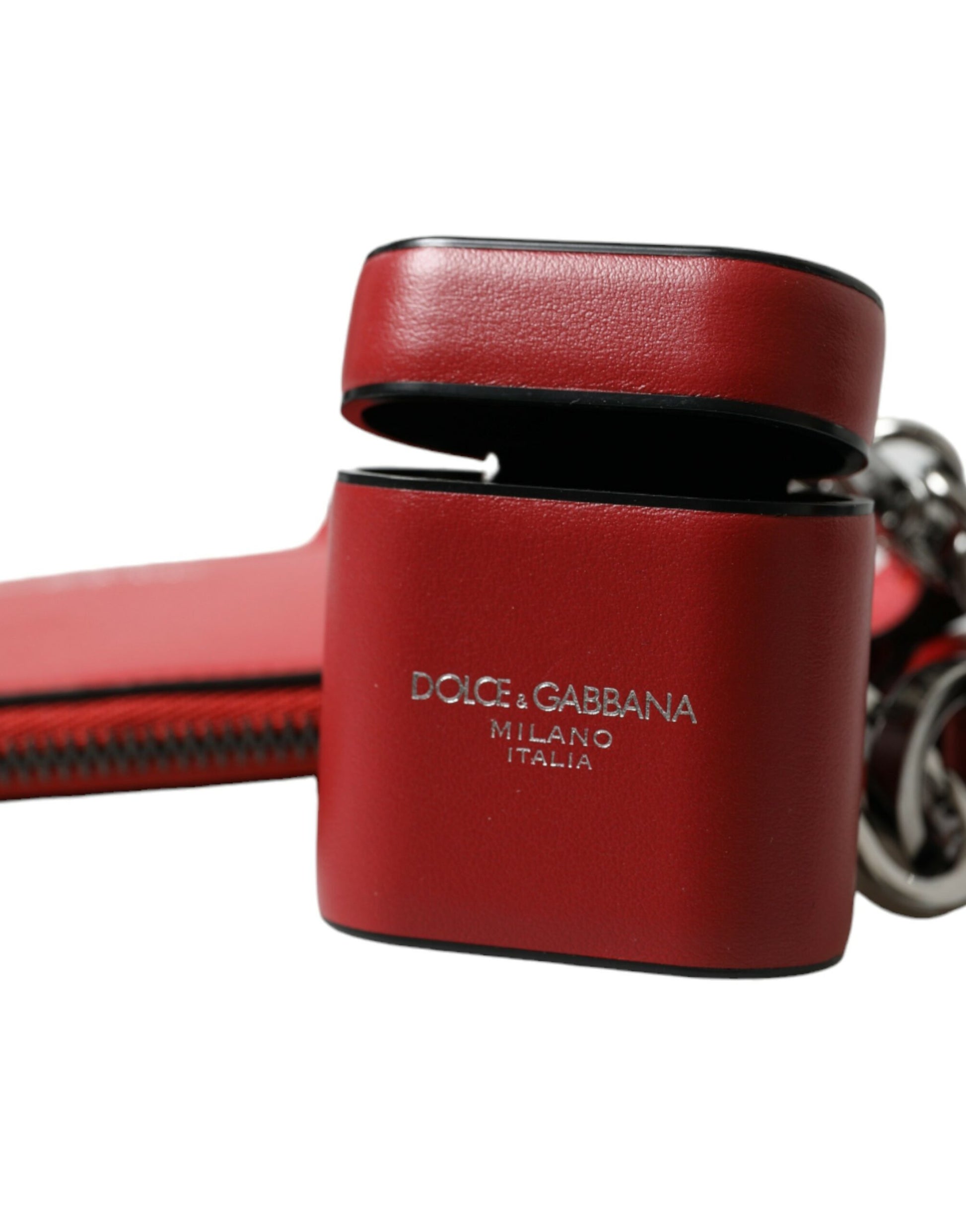Dolce & Gabbana Red Leather Silver Metal Logo Strap Pouch Airpods Case Curated Luxury Accessories by Orvyn
