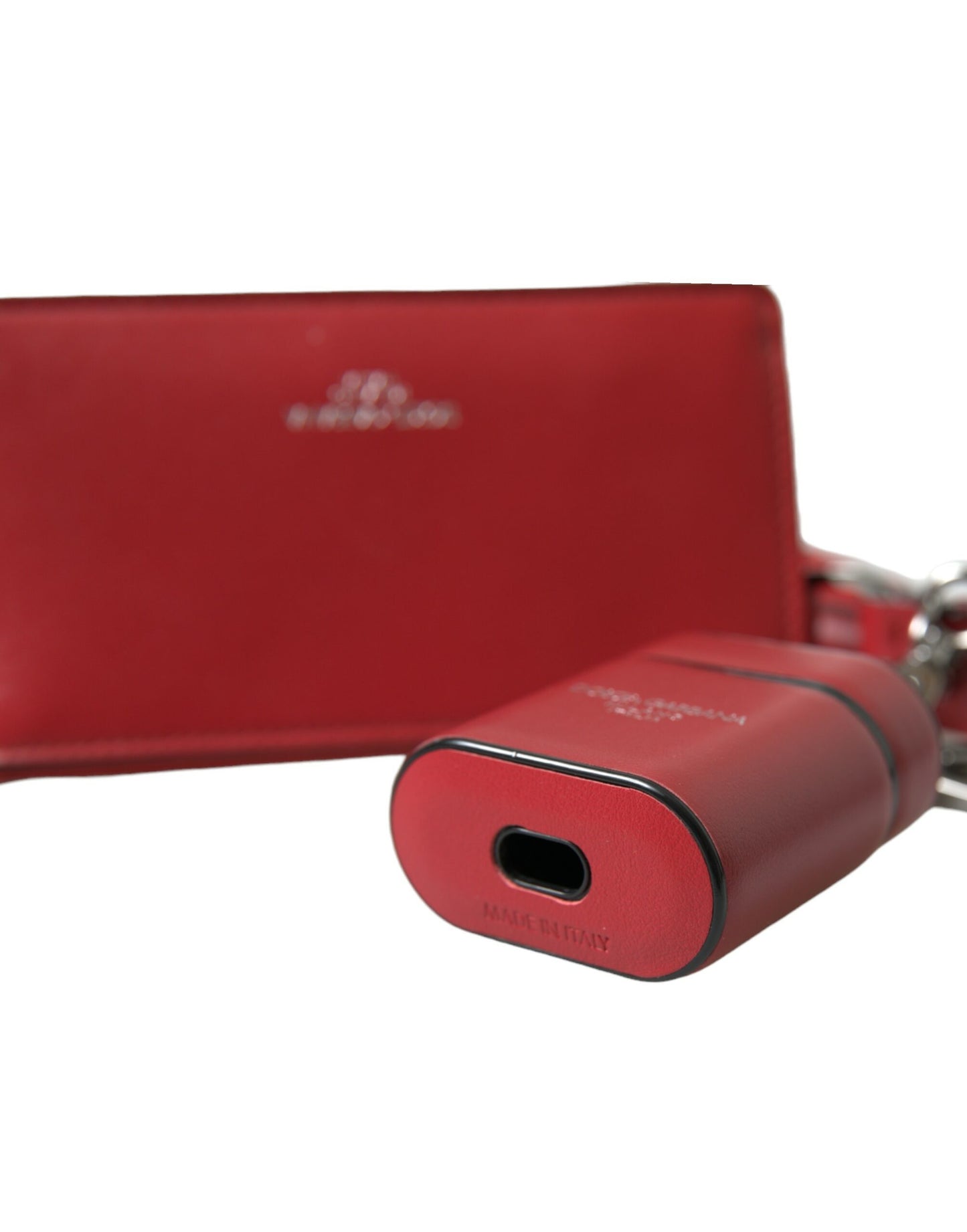 Dolce & Gabbana Red Leather Silver Metal Logo Strap Pouch Airpods Case Curated Luxury Accessories by Orvyn