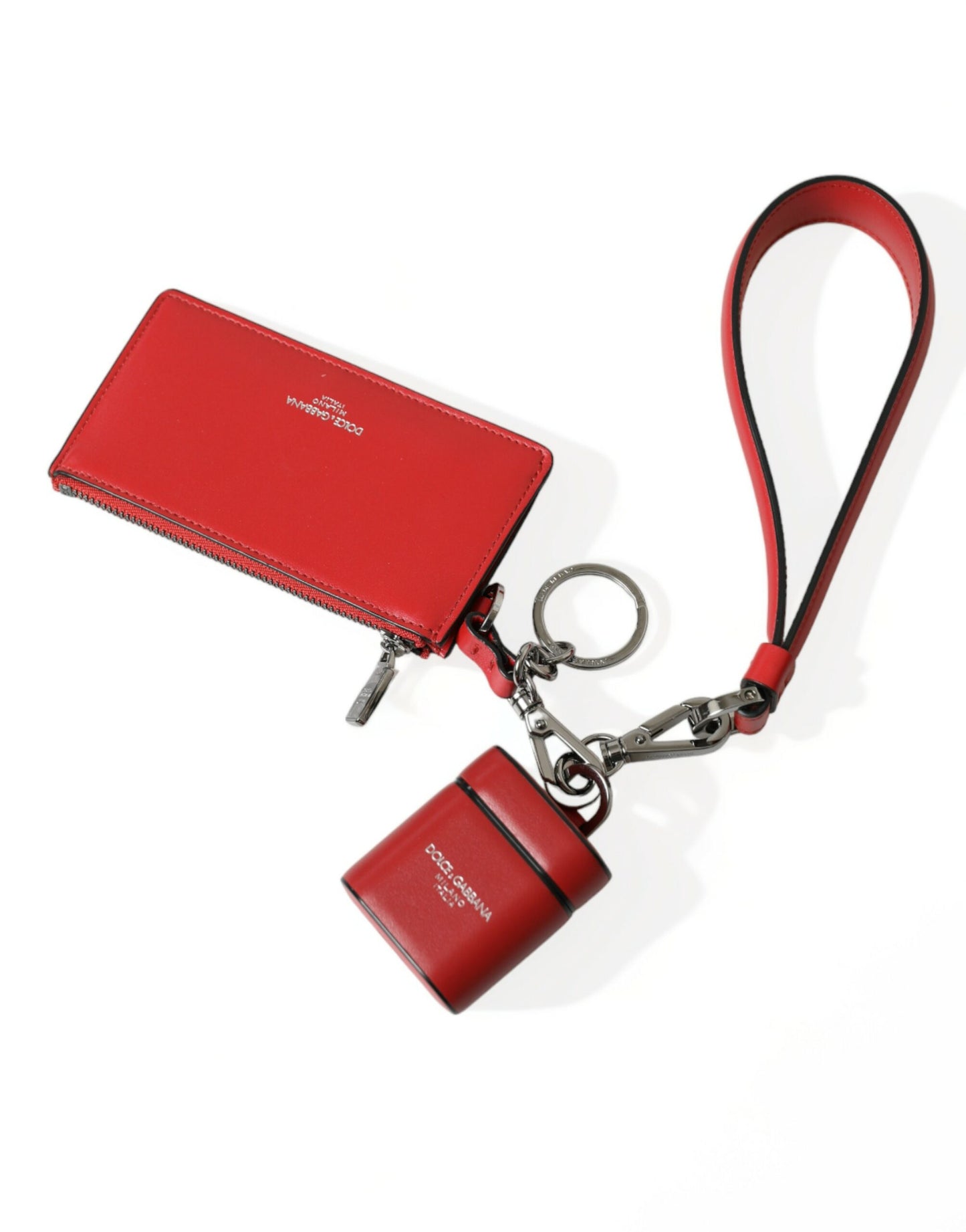Dolce & Gabbana Red Leather Silver Metal Logo Strap Pouch Airpods Case Curated Luxury Accessories by Orvyn