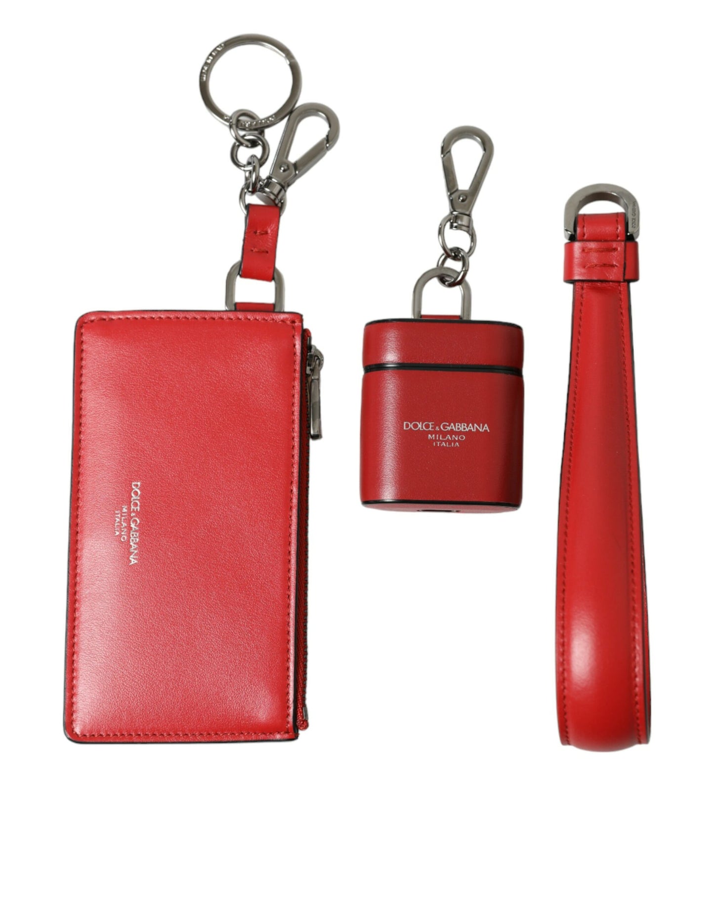 Dolce & Gabbana Red Leather Silver Metal Logo Strap Pouch Airpods Case Curated Luxury Accessories by Orvyn