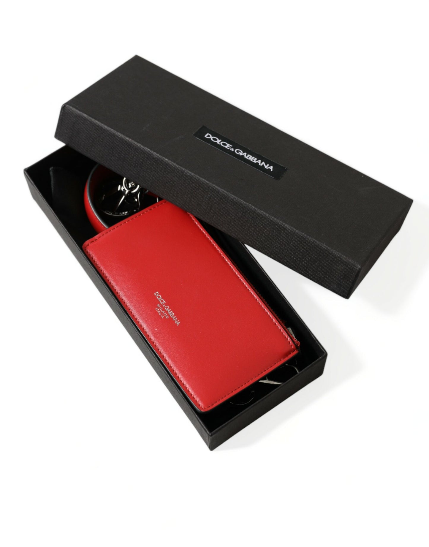 Dolce & Gabbana Red Leather Silver Metal Logo Strap Pouch Airpods Case Curated Luxury Accessories by Orvyn