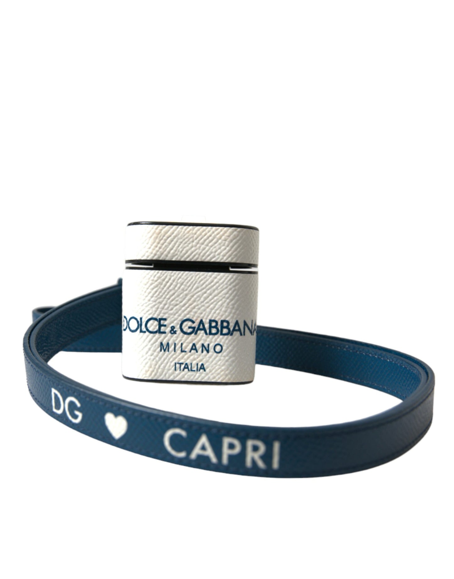 Dolce & Gabbana White Blue Calf Leather Logo Print Strap Airpods Case Curated Luxury Accessories by Orvyn