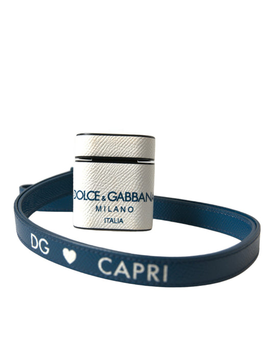 Dolce & Gabbana White Blue Calf Leather Logo Print Strap Airpods Case Curated Luxury Accessories by Orvyn