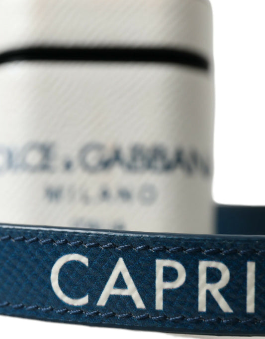 Dolce & Gabbana White Blue Calf Leather Logo Print Strap Airpods Case Curated Luxury Accessories by Orvyn