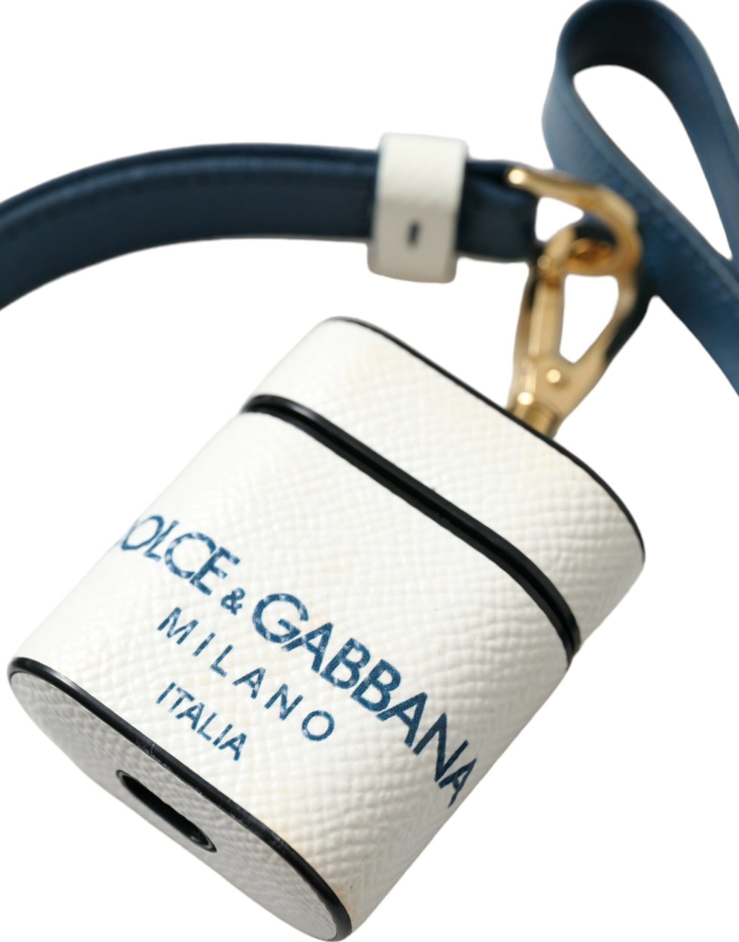 Dolce & Gabbana White Blue Calf Leather Logo Print Strap Airpods Case Curated Luxury Accessories by Orvyn