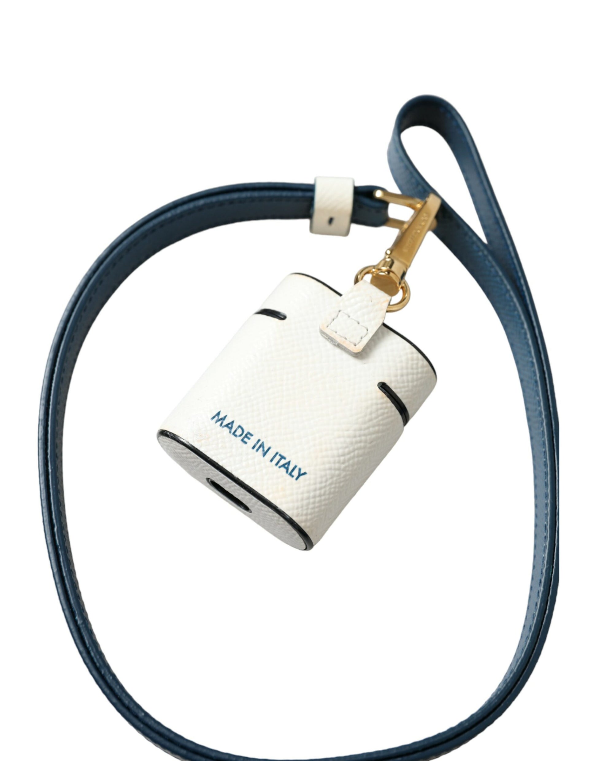 Dolce & Gabbana White Blue Calf Leather Logo Print Strap Airpods Case Curated Luxury Accessories by Orvyn