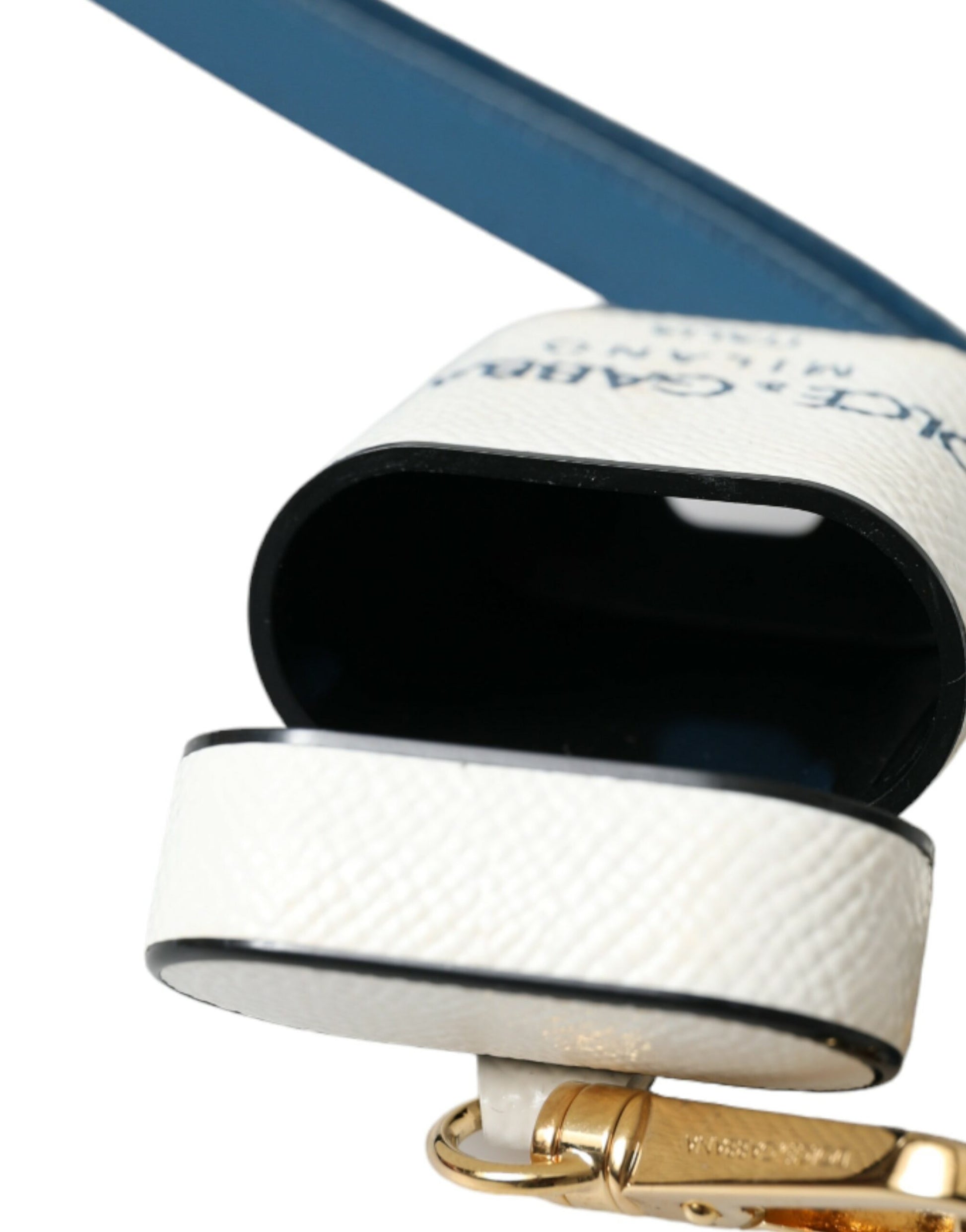 Dolce & Gabbana White Blue Calf Leather Logo Print Strap Airpods Case Curated Luxury Accessories by Orvyn