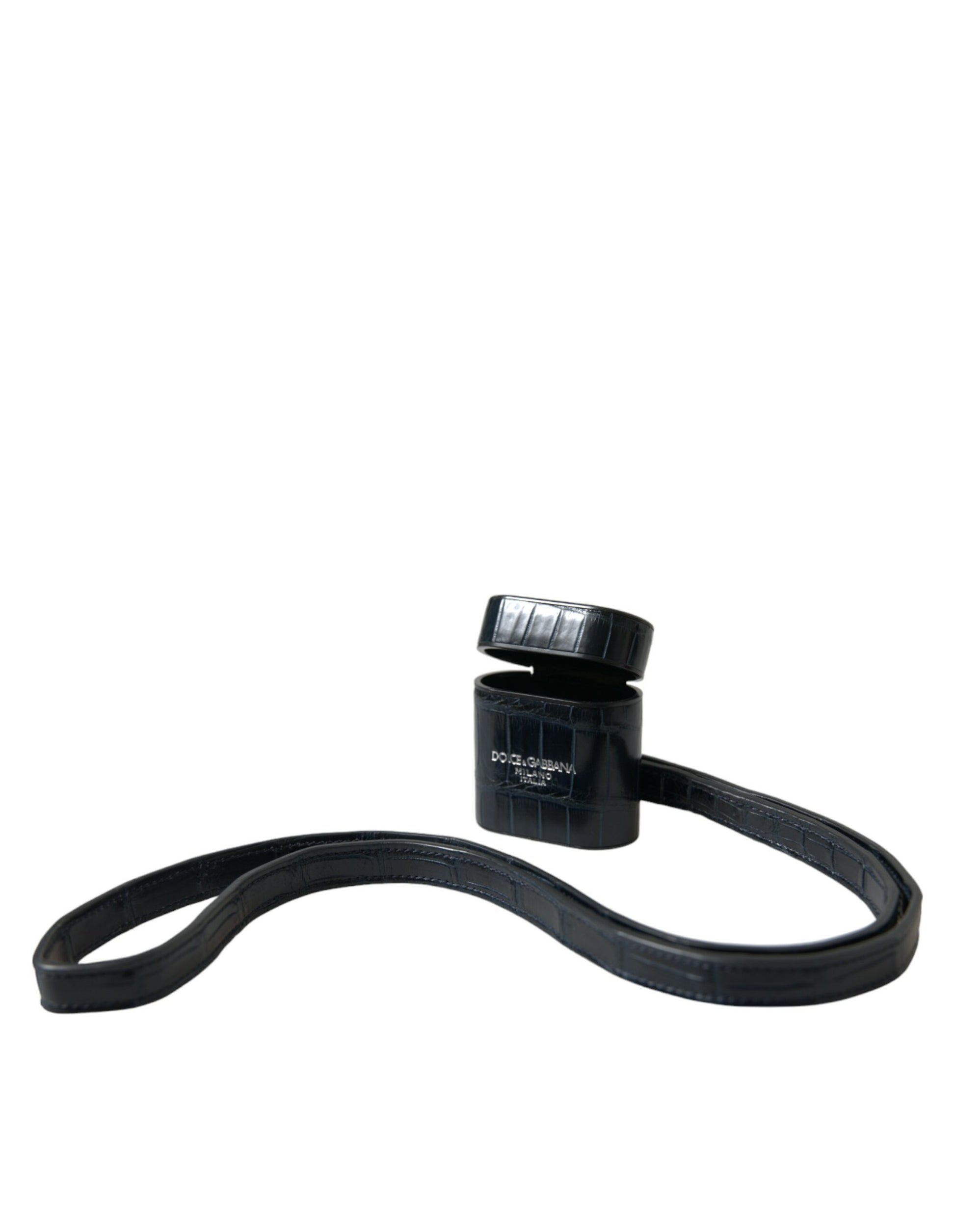 Dolce & Gabbana Black Crocodile Leather Silver Metal Logo Airpods Case Curated Luxury Accessories by Orvyn