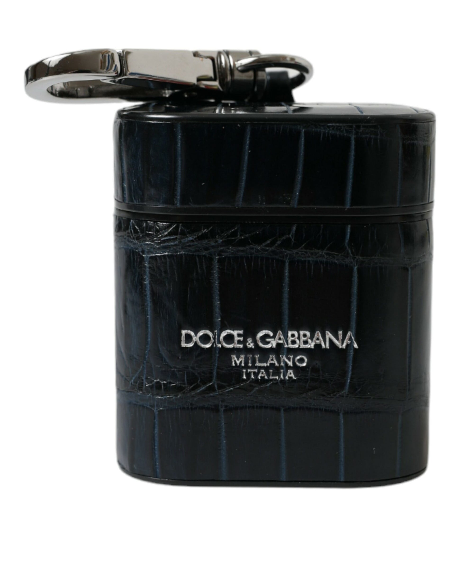 Dolce & Gabbana Black Crocodile Leather Silver Metal Logo Airpods Case Curated Luxury Accessories by Orvyn