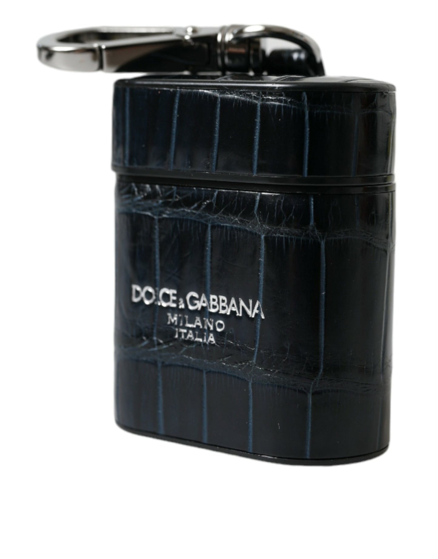 Dolce & Gabbana Black Crocodile Leather Silver Metal Logo Airpods Case Curated Luxury Accessories by Orvyn