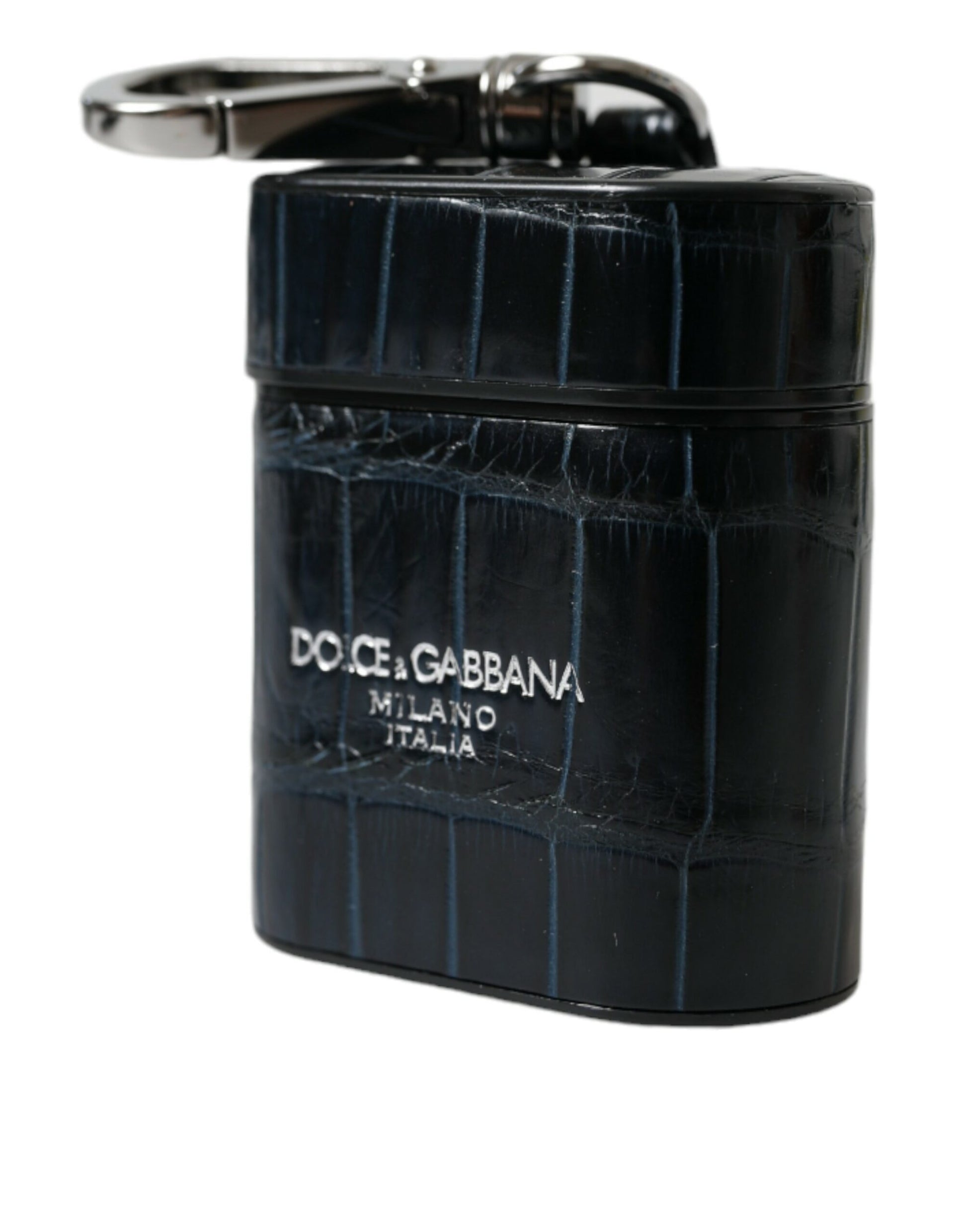 Dolce & Gabbana Black Crocodile Leather Silver Metal Logo Airpods Case Curated Luxury Accessories by Orvyn