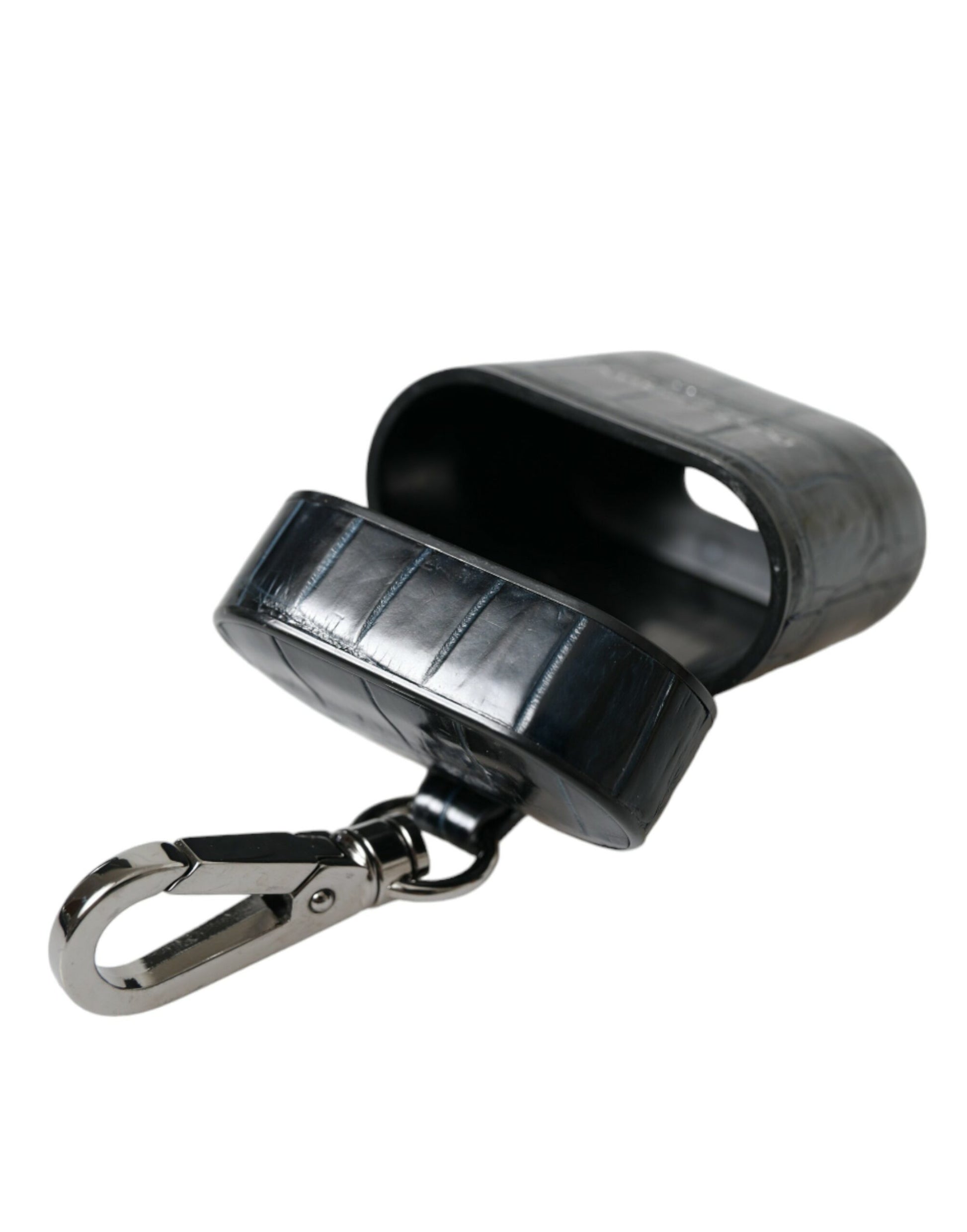 Dolce & Gabbana Black Crocodile Leather Silver Metal Logo Airpods Case Curated Luxury Accessories by Orvyn