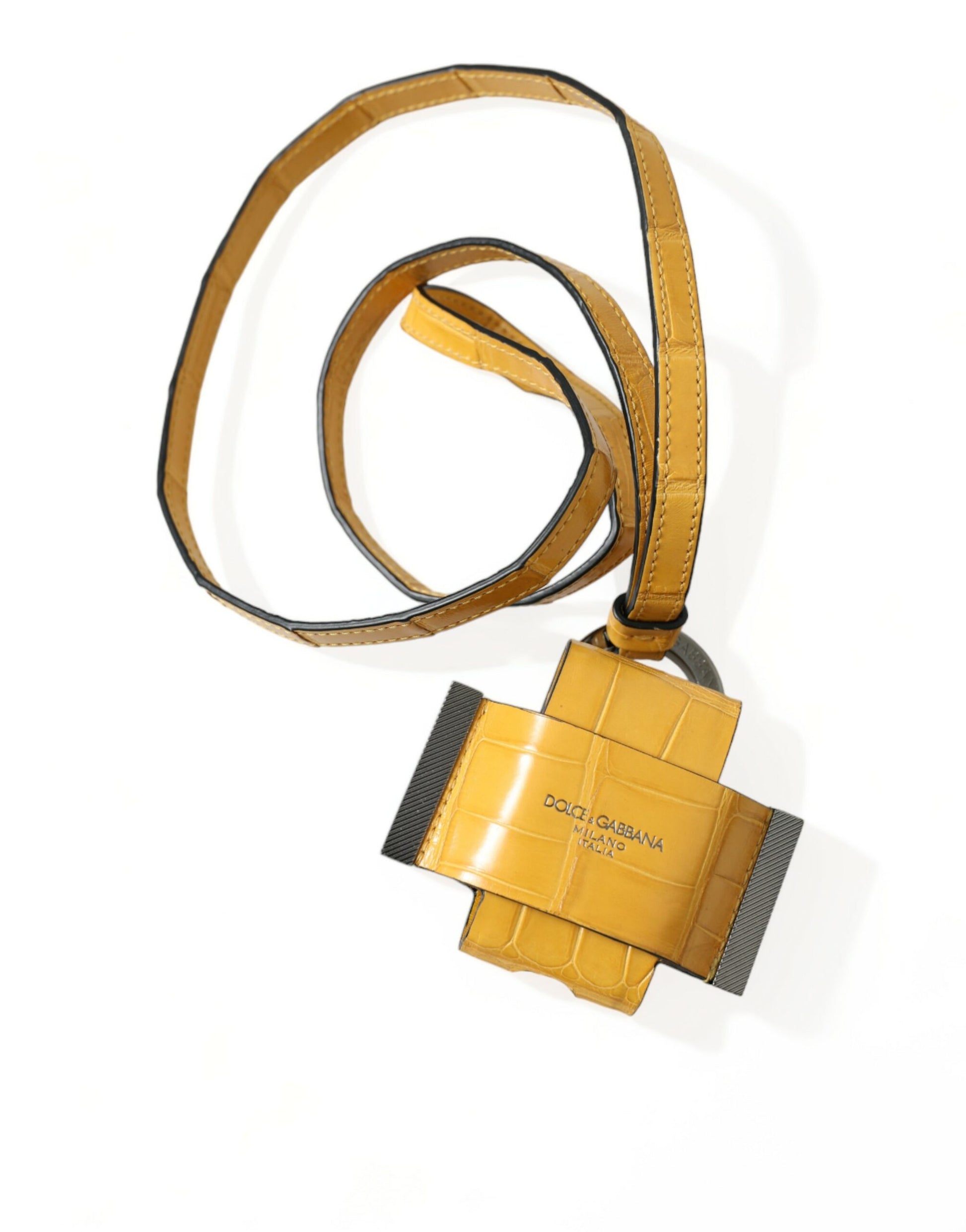 Dolce & Gabbana Yellow Crocodile Leather Logo Print Lanyard Keychain Curated Luxury Accessories by Orvyn
