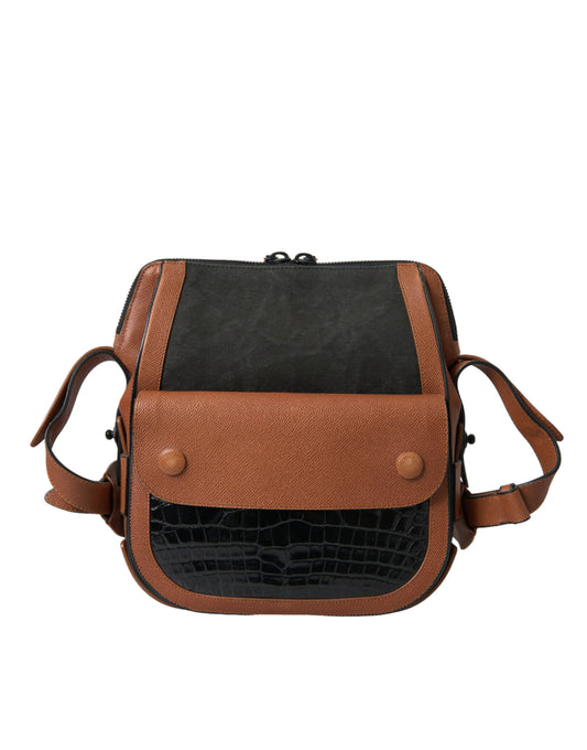 Balenciaga Black Brown Exotic Skin Leather Vertical Crossbody Purse Bag
