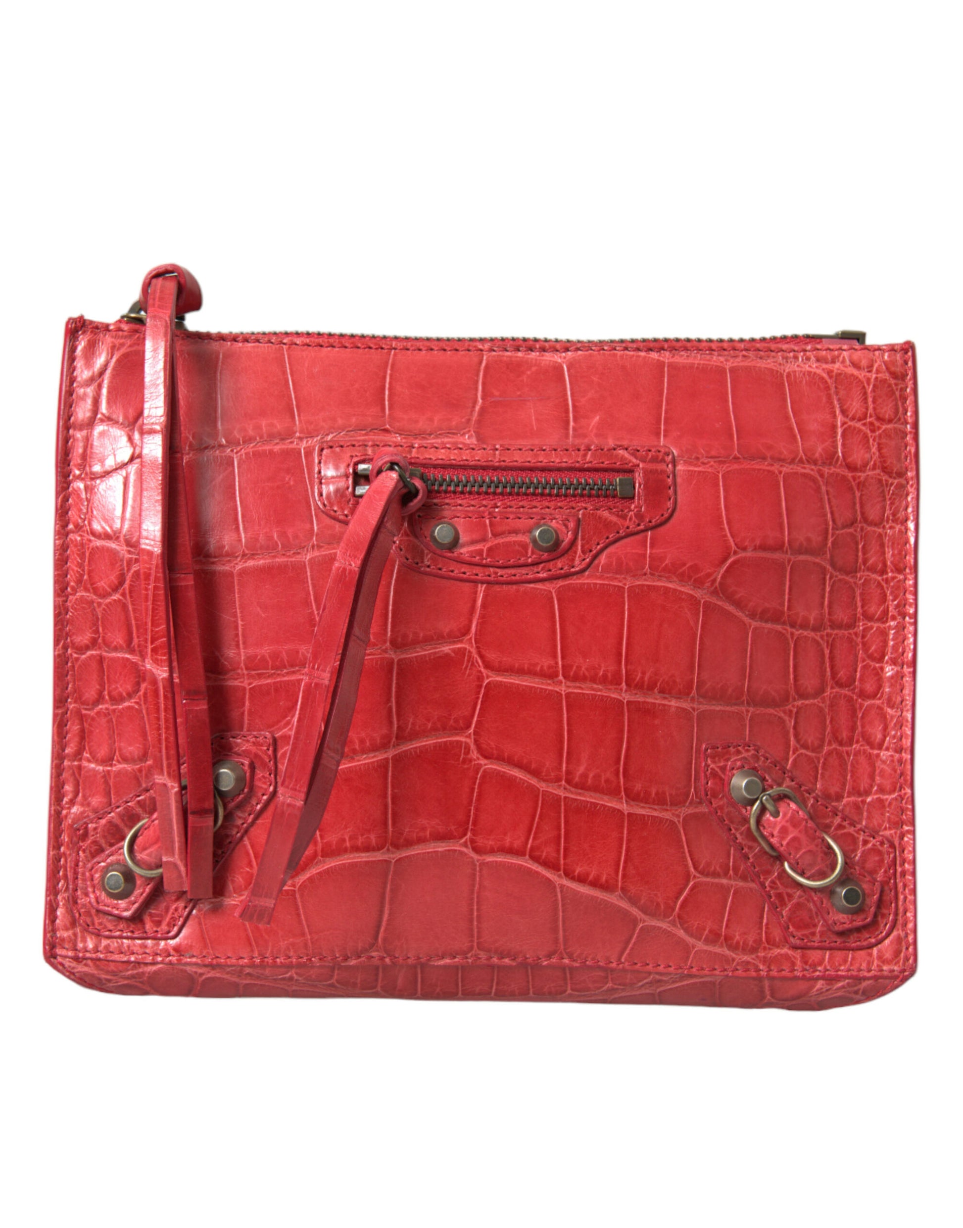 Balenciaga Red Exotic Skin Leather Classic Pouch Purse Wristlet Bag Curated Luxury Accessories by Orvyn
