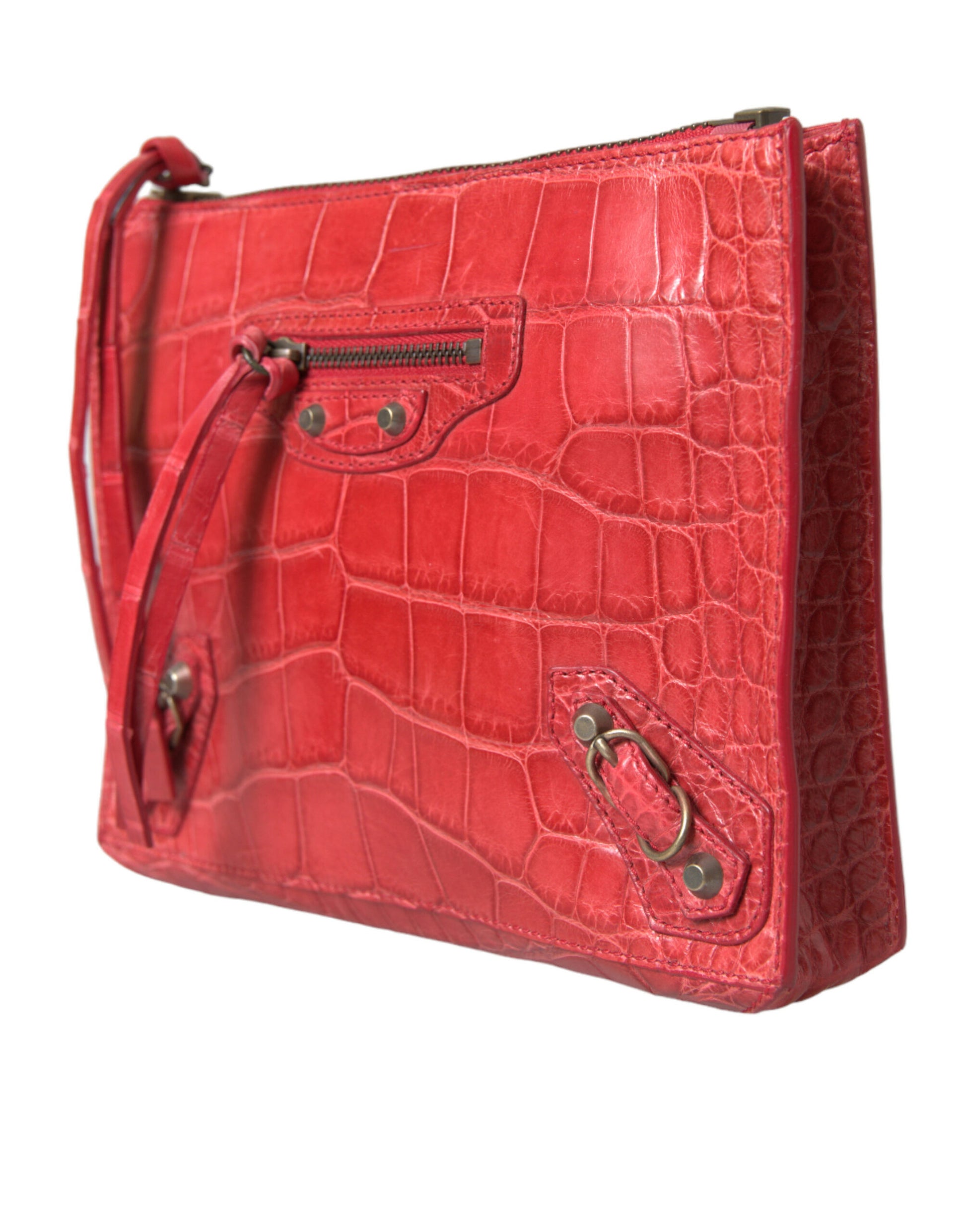 Balenciaga Red Exotic Skin Leather Classic Pouch Purse Wristlet Bag Curated Luxury Accessories by Orvyn