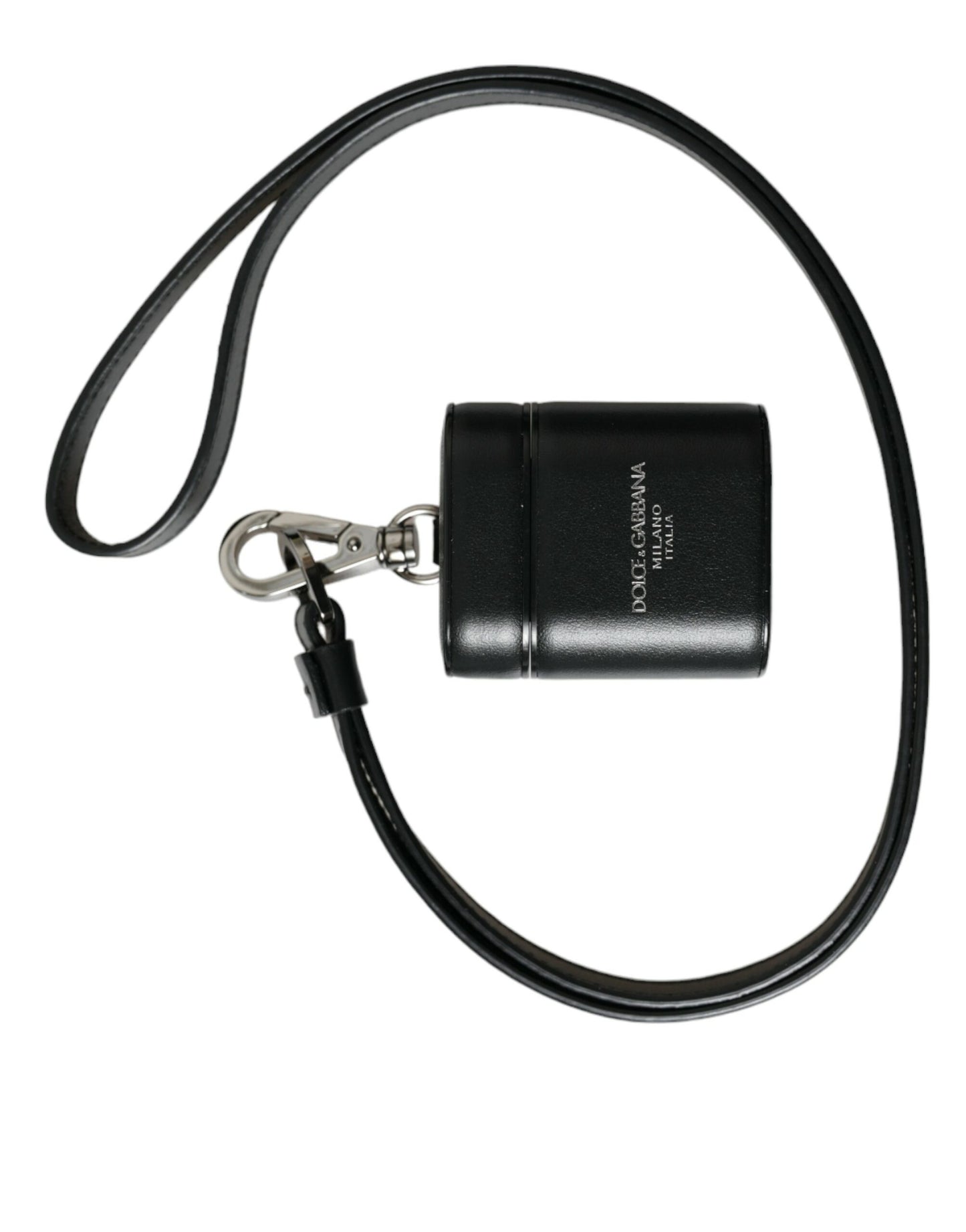 Dolce & Gabbana Black Leather Strap Silver Metal Logo Printed Airpods Case Curated Luxury Accessories by Orvyn