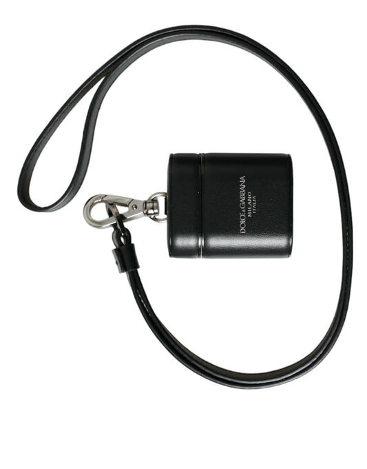 Dolce & Gabbana Black Leather Strap Silver Metal Logo Printed Airpods Case Curated Luxury Accessories by Orvyn