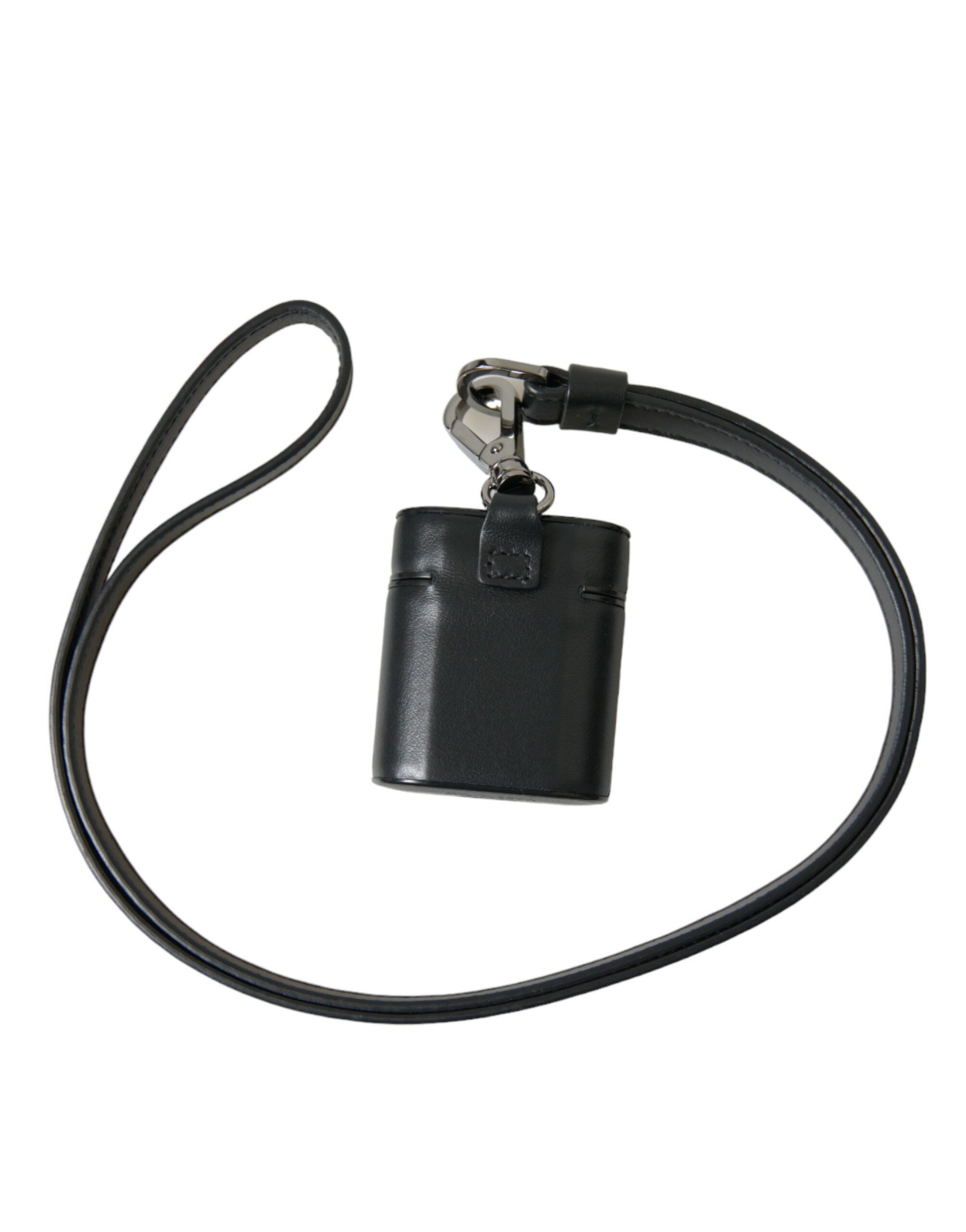 Dolce & Gabbana Black Leather Strap Silver Metal Logo Printed Airpods Case Curated Luxury Accessories by Orvyn