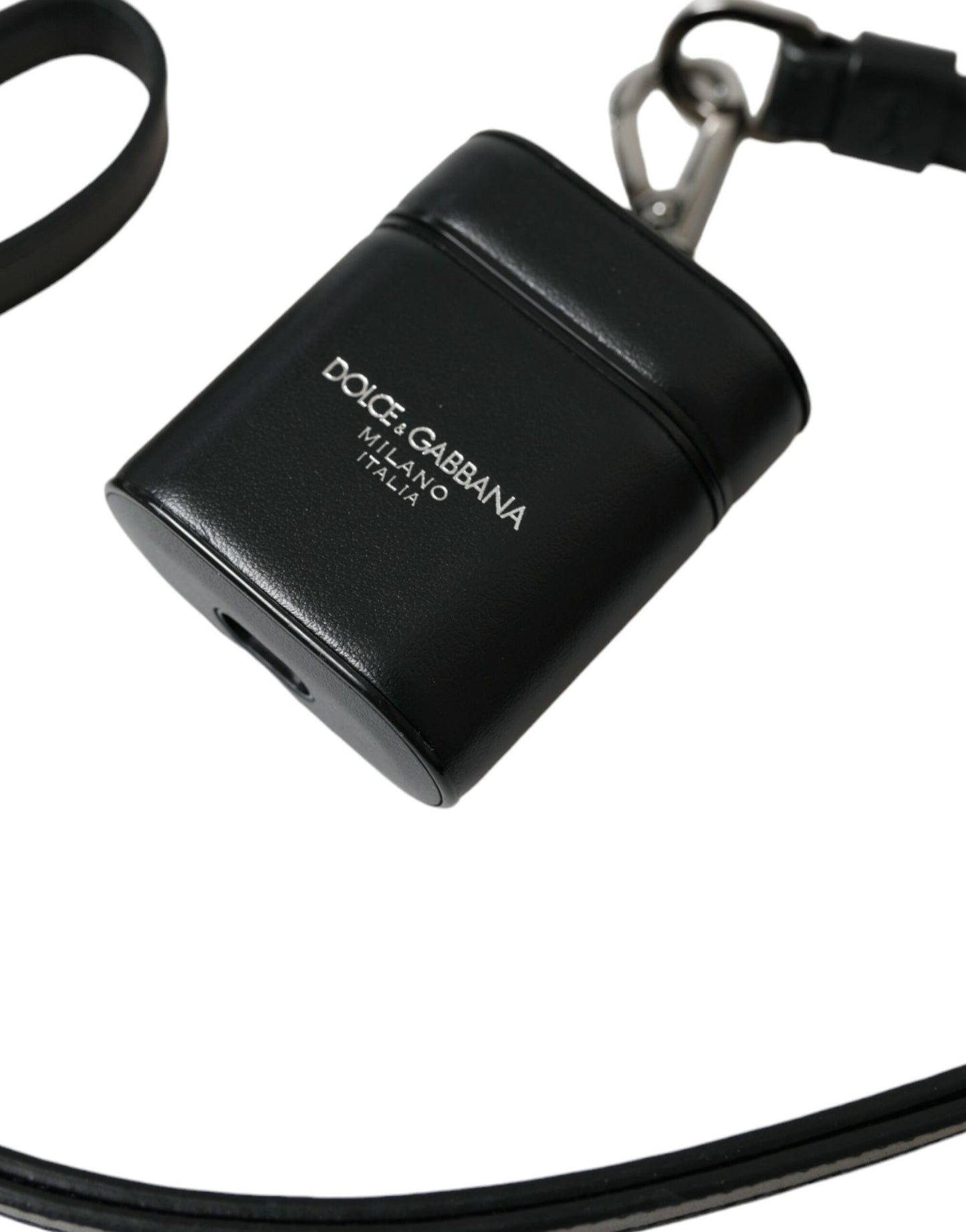 Dolce & Gabbana Black Leather Strap Silver Metal Logo Printed Airpods Case Curated Luxury Accessories by Orvyn