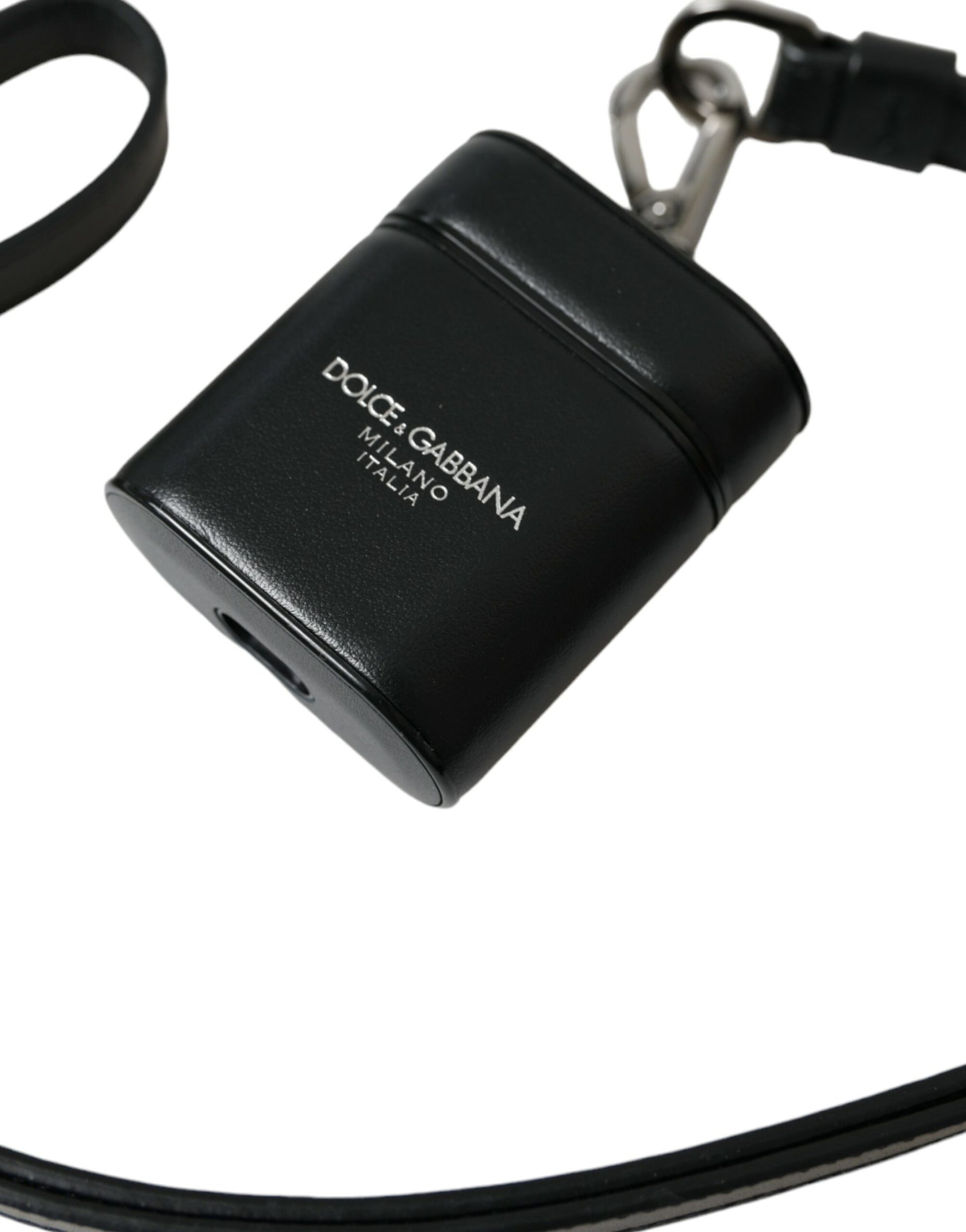 Dolce & Gabbana Black Leather Strap Silver Metal Logo Printed Airpods Case Curated Luxury Accessories by Orvyn