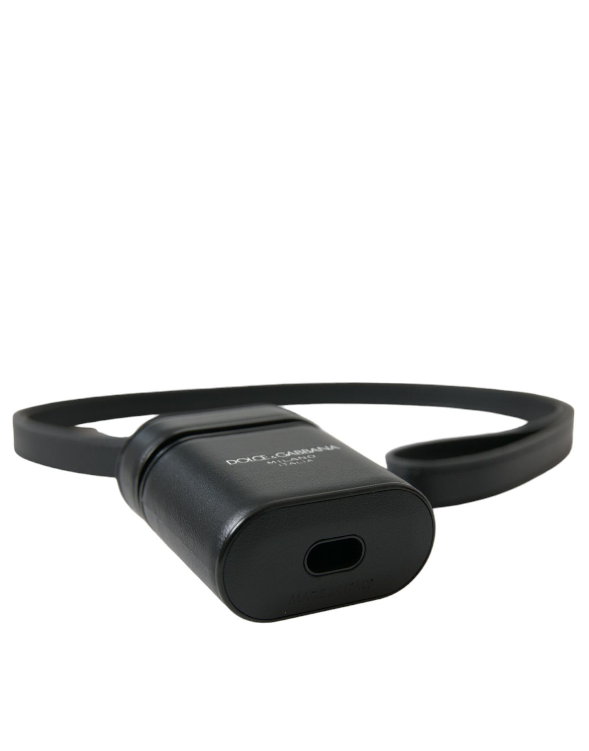 Dolce & Gabbana Black Leather Strap Silver Metal Logo Printed Airpods Case Curated Luxury Accessories by Orvyn