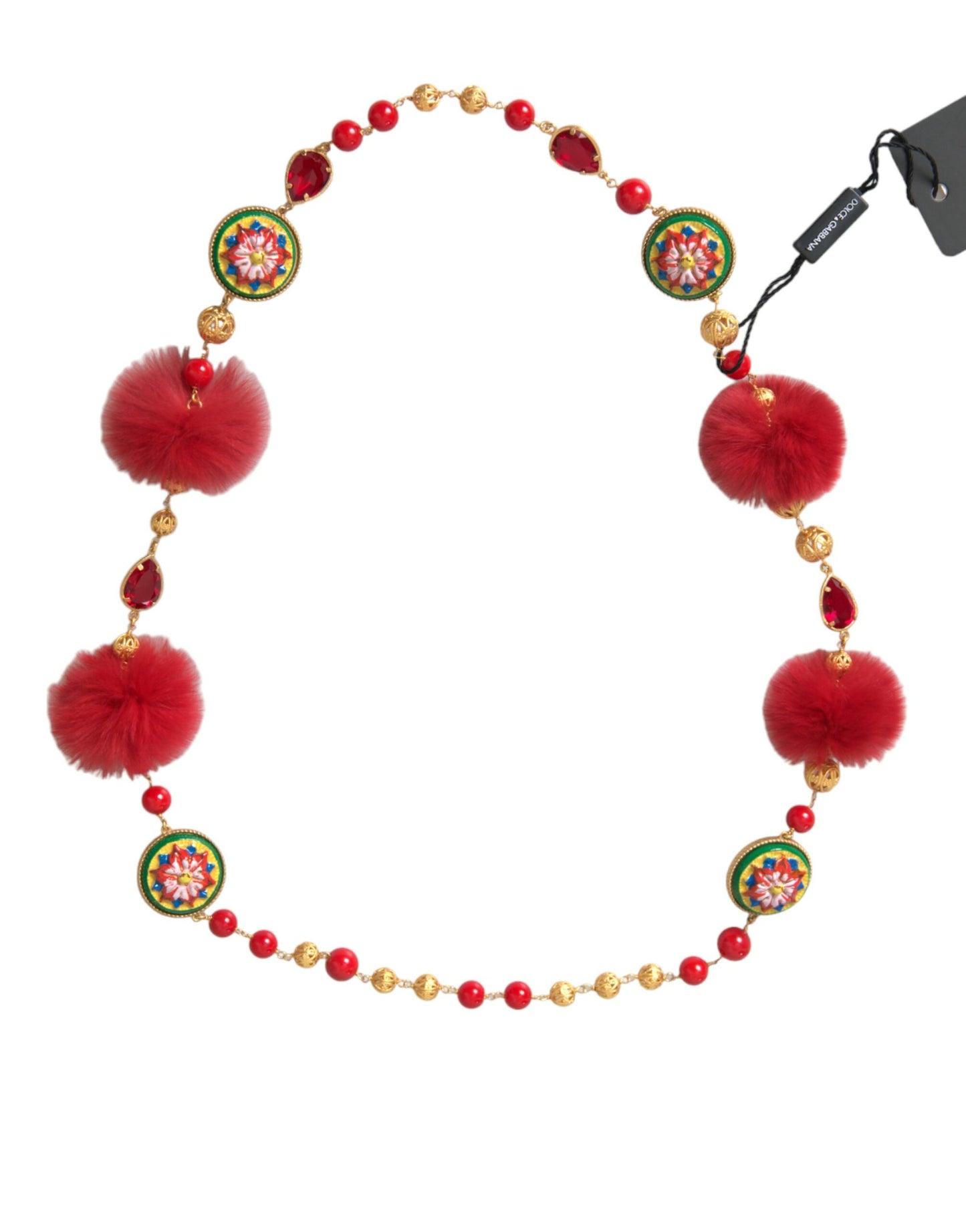 Dolce & Gabbana Gold Brass Red Fur Crystal Carretto Chain Necklace Curated Luxury Accessories by Orvyn