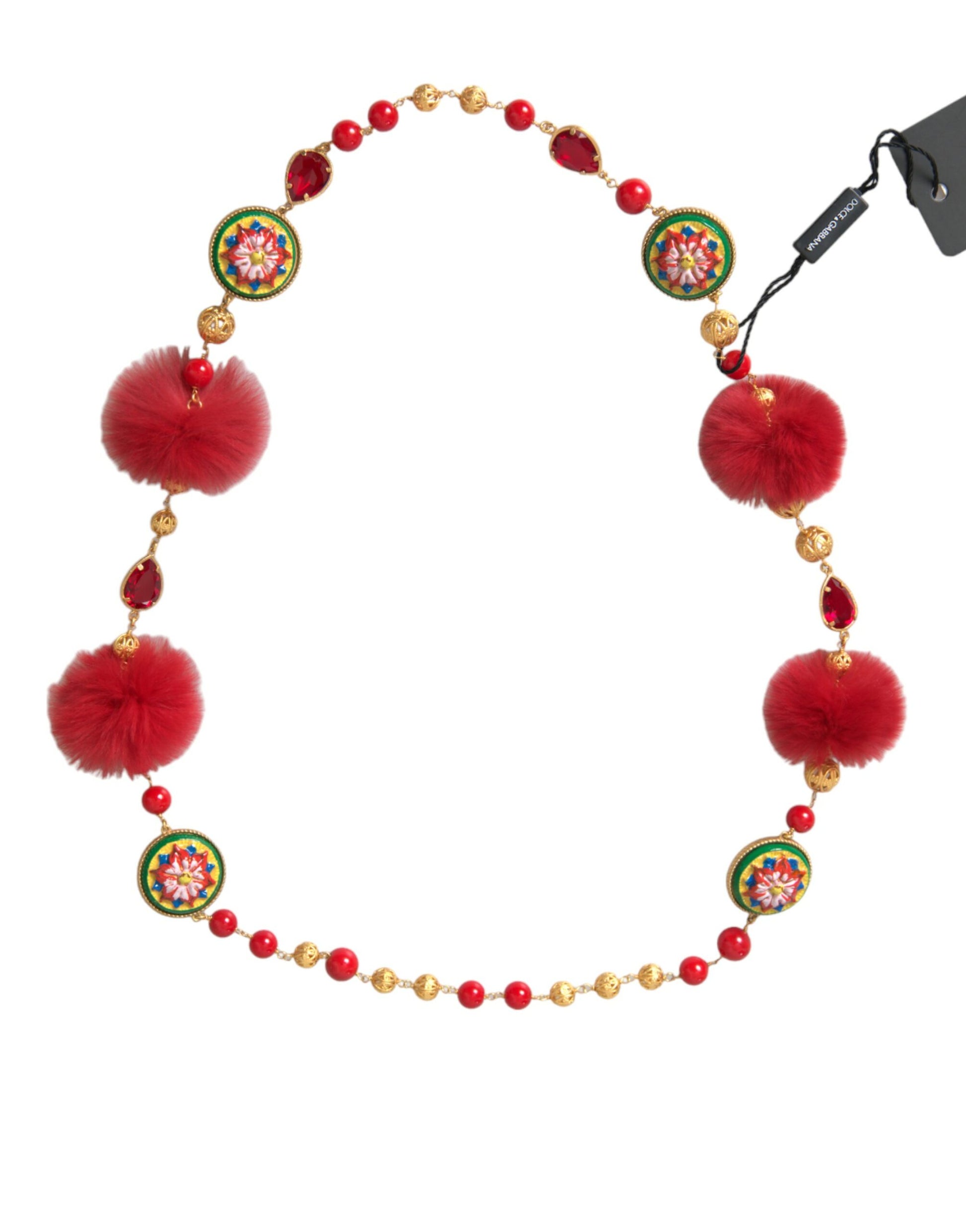 Dolce & Gabbana Gold Brass Red Fur Crystal Carretto Chain Necklace Curated Luxury Accessories by Orvyn