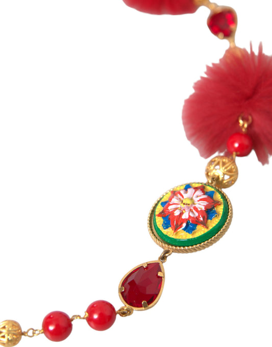Dolce & Gabbana Gold Brass Red Fur Crystal Carretto Chain Necklace Curated Luxury Accessories by Orvyn
