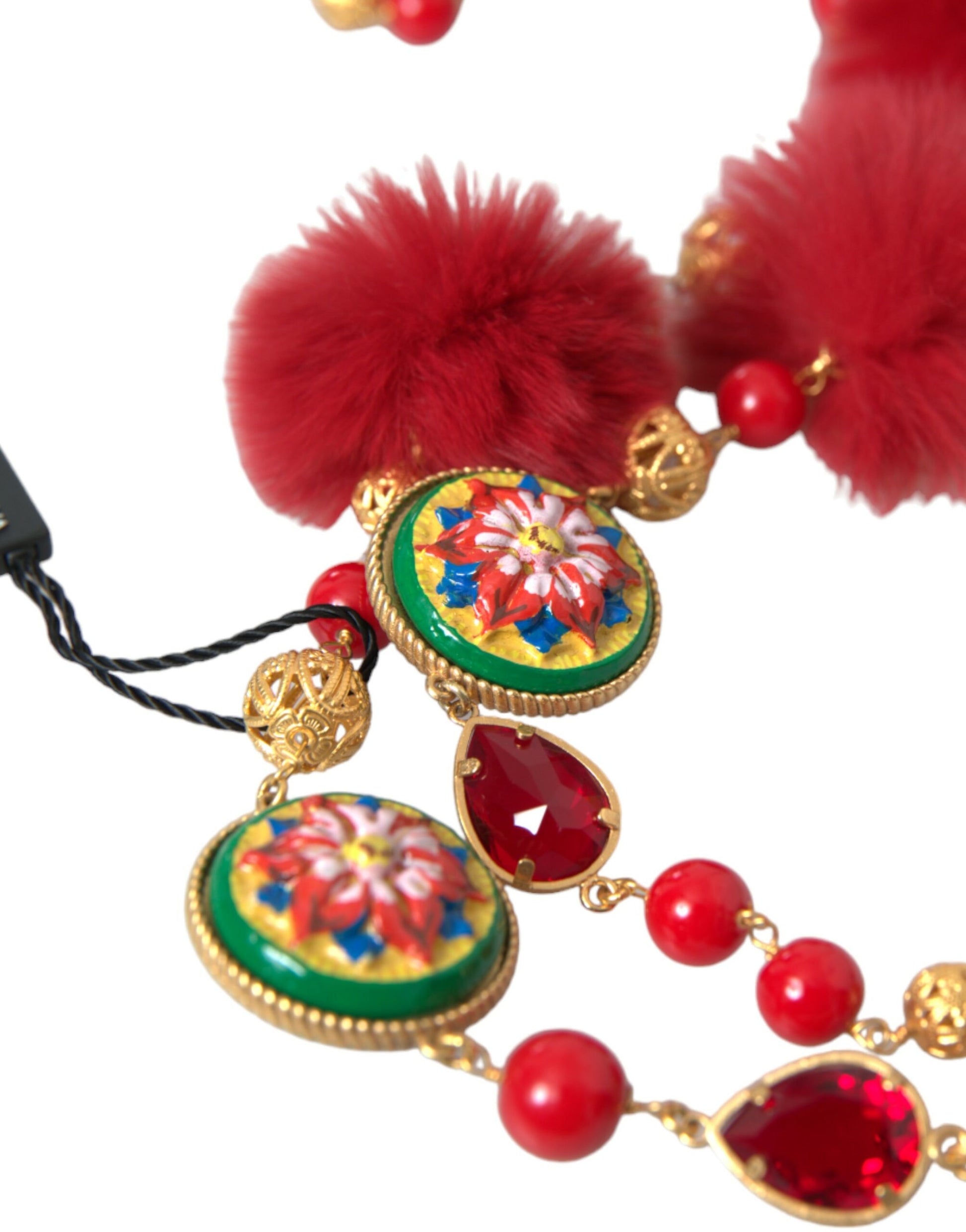Dolce & Gabbana Gold Brass Red Fur Crystal Carretto Chain Necklace Curated Luxury Accessories by Orvyn