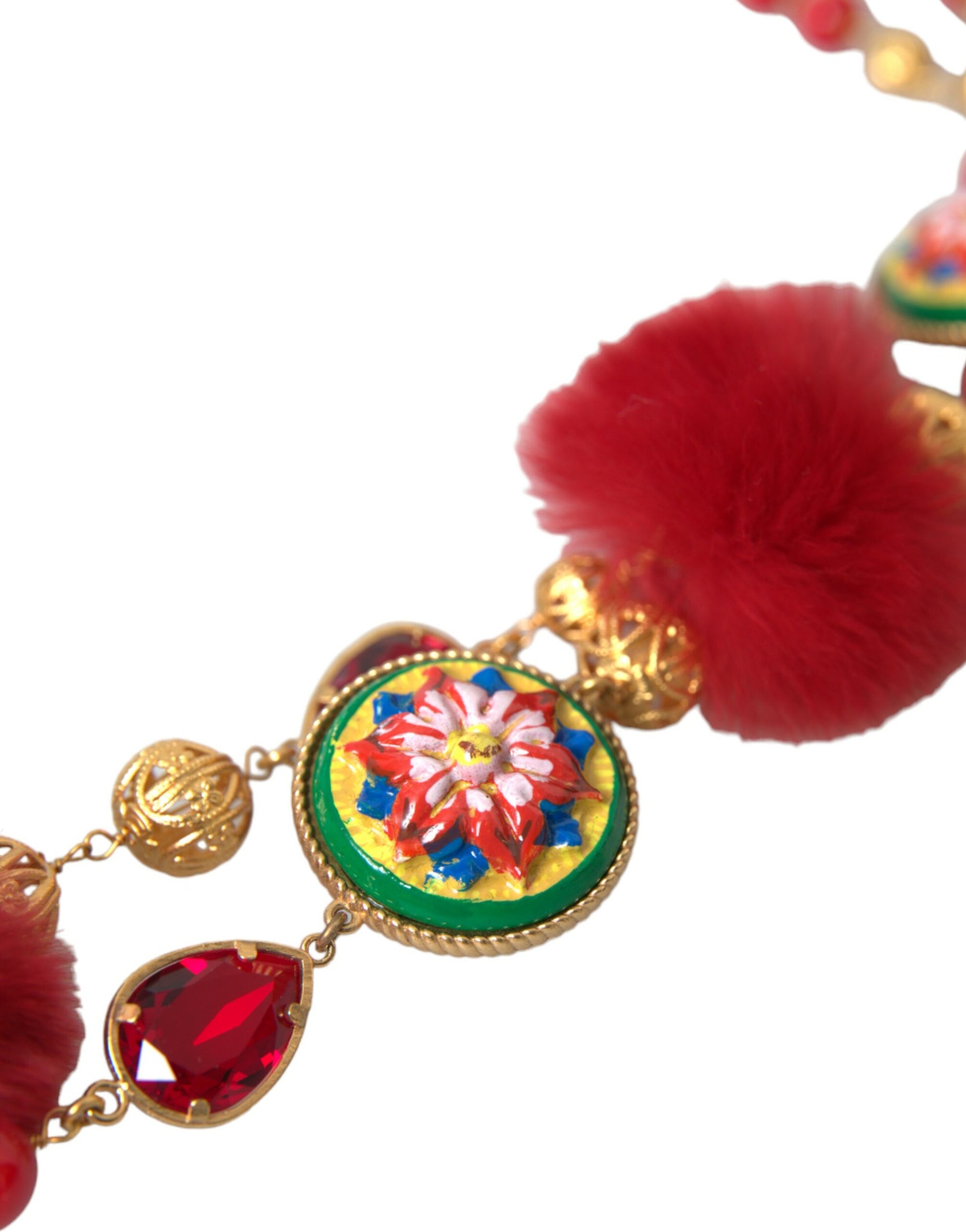 Dolce & Gabbana Gold Brass Red Fur Crystal Carretto Chain Necklace Curated Luxury Accessories by Orvyn