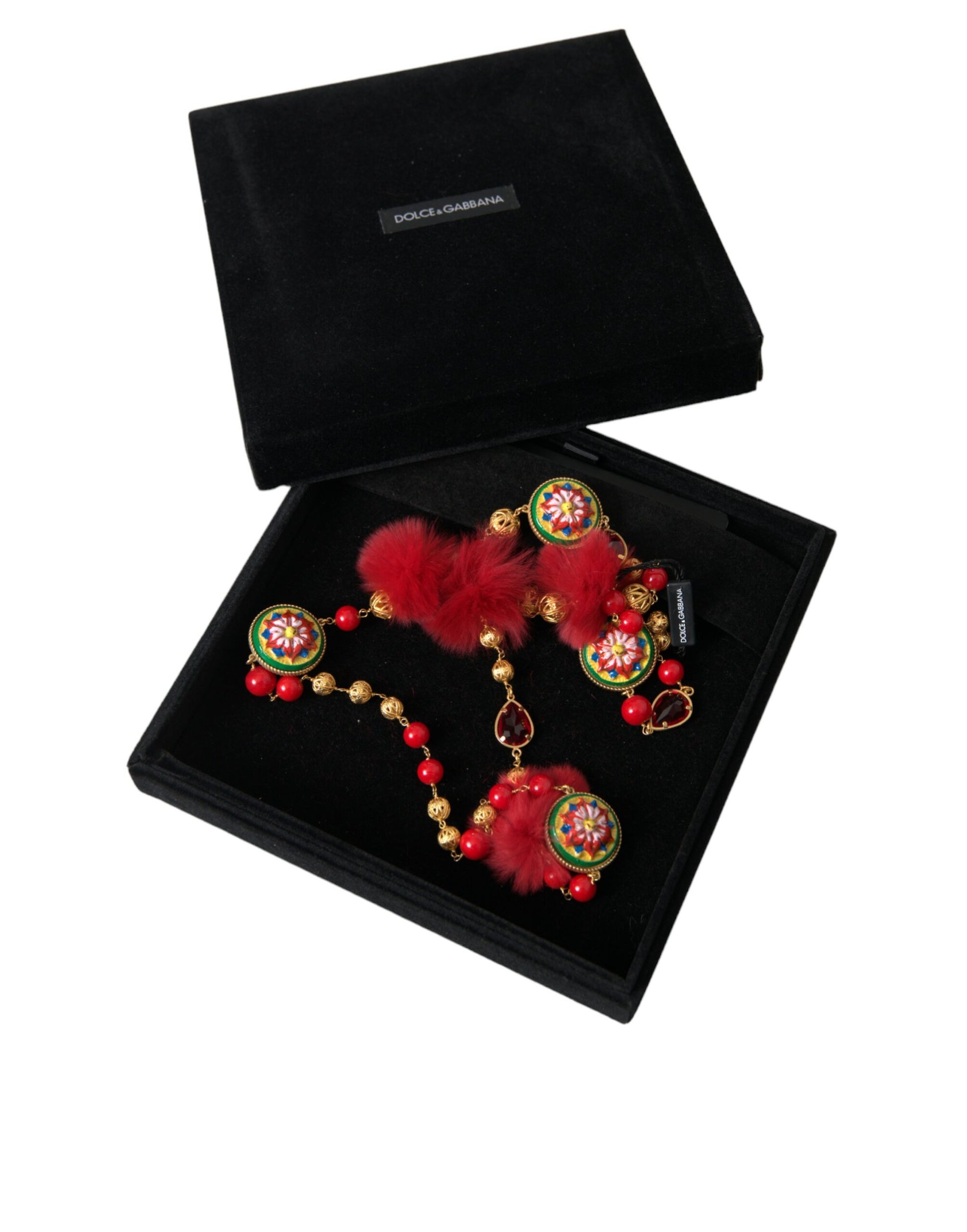 Dolce & Gabbana Gold Brass Red Fur Crystal Carretto Chain Necklace Curated Luxury Accessories by Orvyn