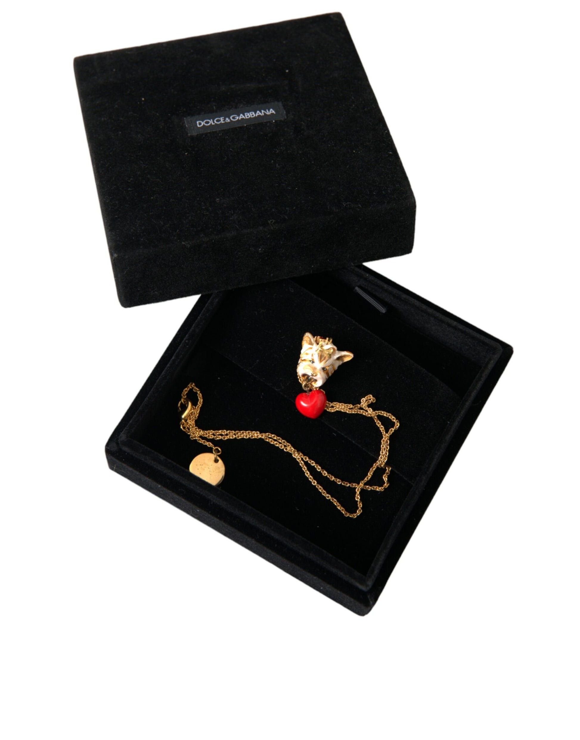 Dolce & Gabbana Gold Brass Chain Dog Heart Pendant Charm Necklace Curated Luxury Accessories by Orvyn