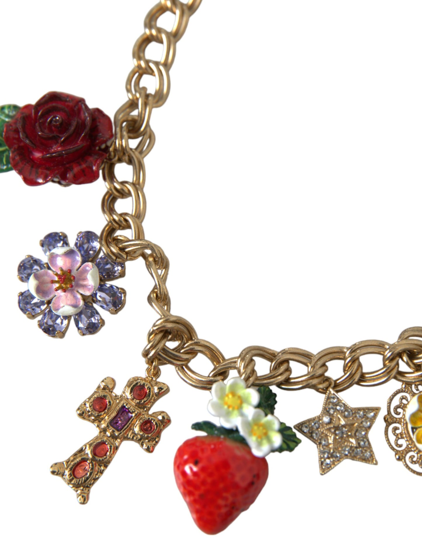 Dolce & Gabbana Gold Chain Rose Cross Strawberry Star Pendant Necklace Curated Luxury Accessories by Orvyn