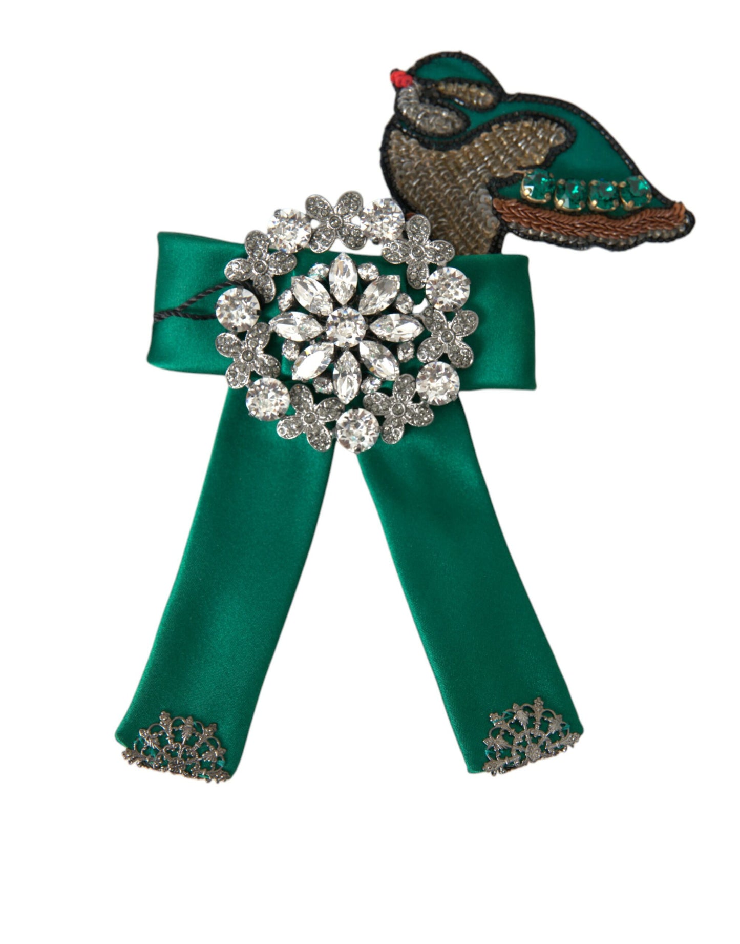 Dolce & Gabbana Green Satin Bird Crystal Women Hair Clip Curated Luxury Accessories by Orvyn
