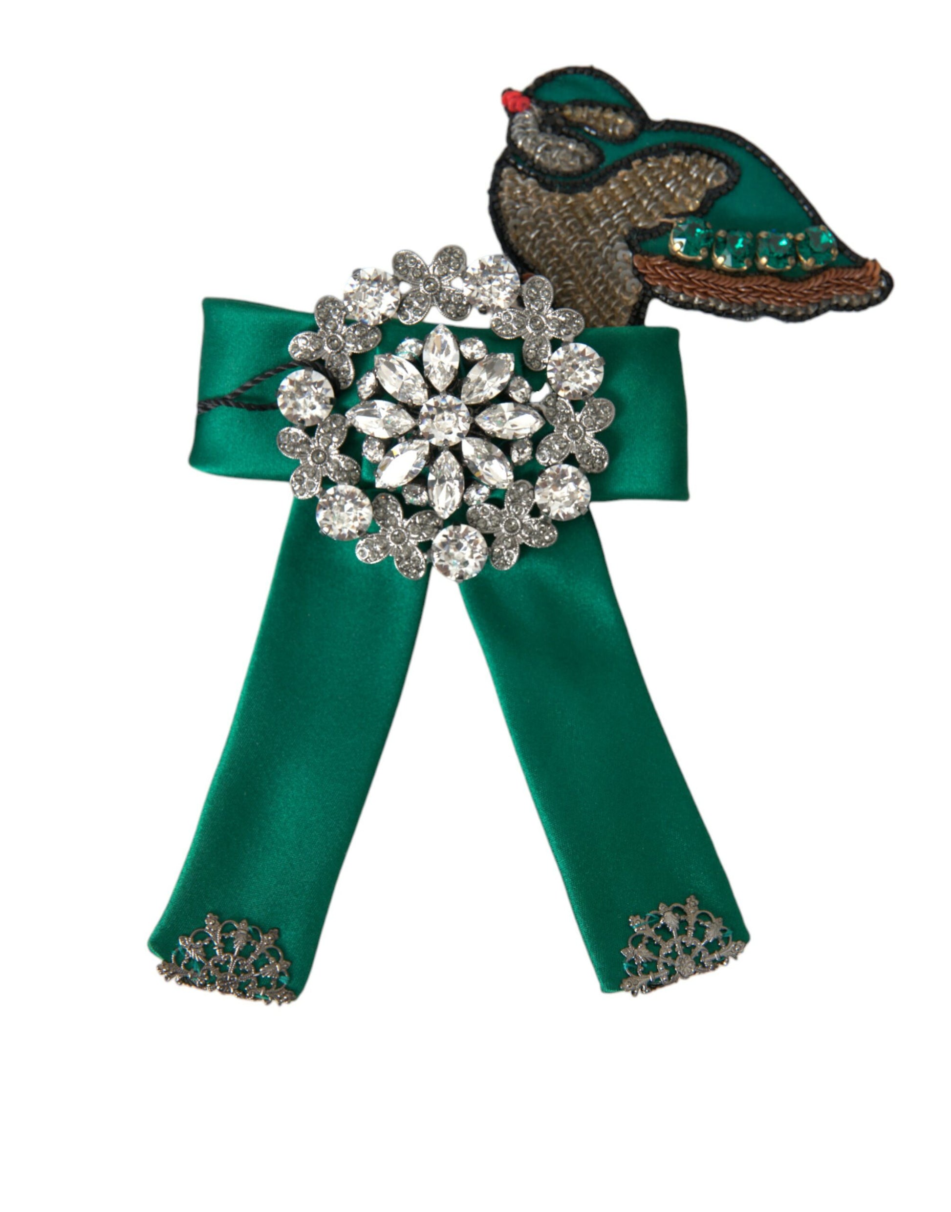Dolce & Gabbana Green Satin Bird Crystal Women Hair Clip Curated Luxury Accessories by Orvyn