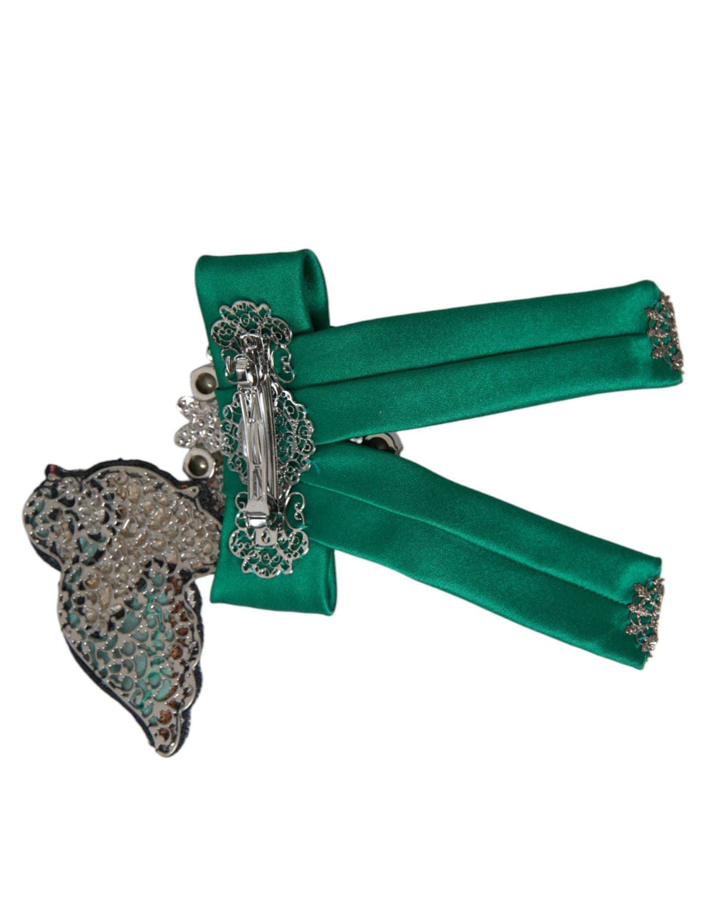 Dolce & Gabbana Green Satin Bird Crystal Women Hair Clip Curated Luxury Accessories by Orvyn