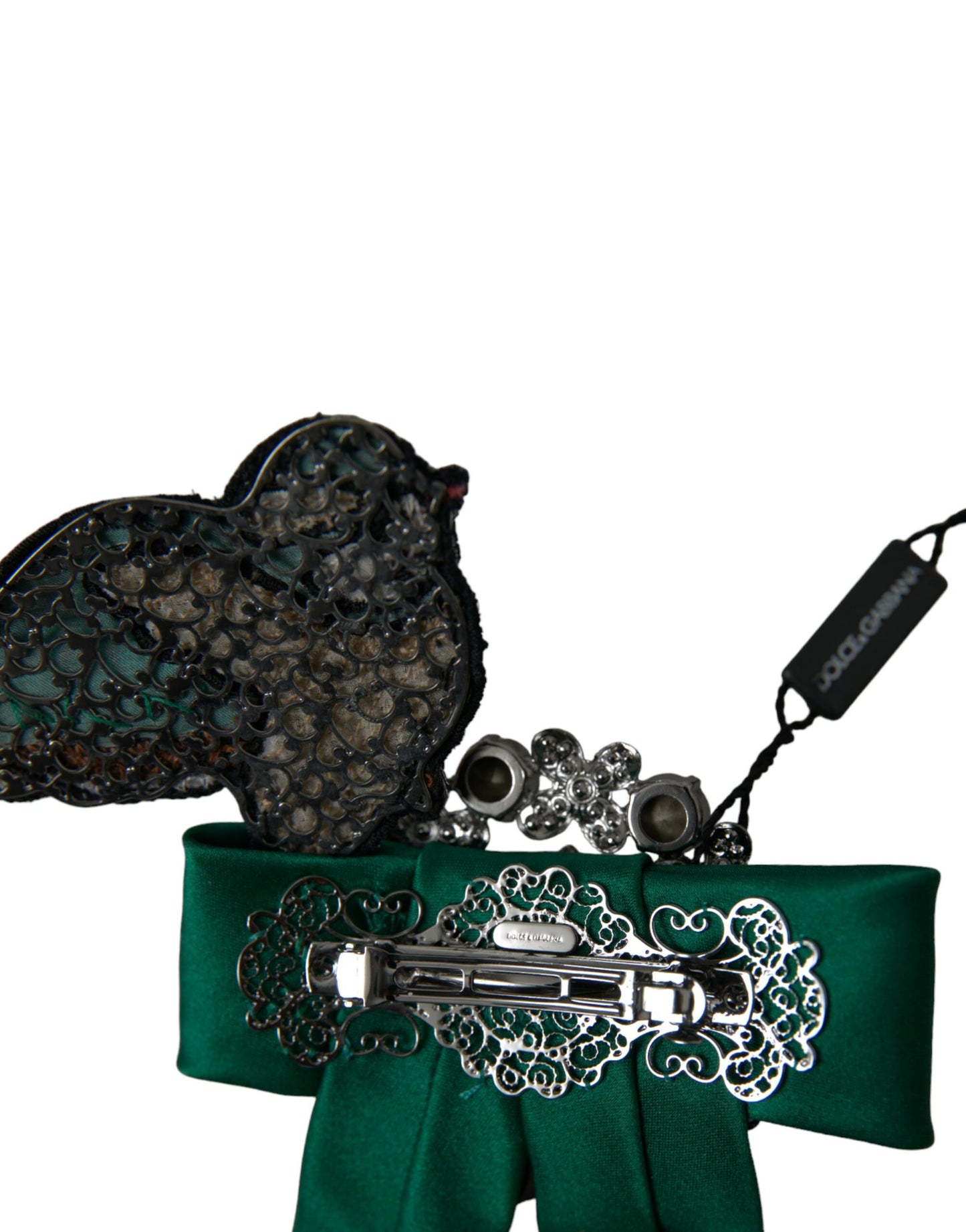 Dolce & Gabbana Green Satin Bird Crystal Women Hair Clip Curated Luxury Accessories by Orvyn