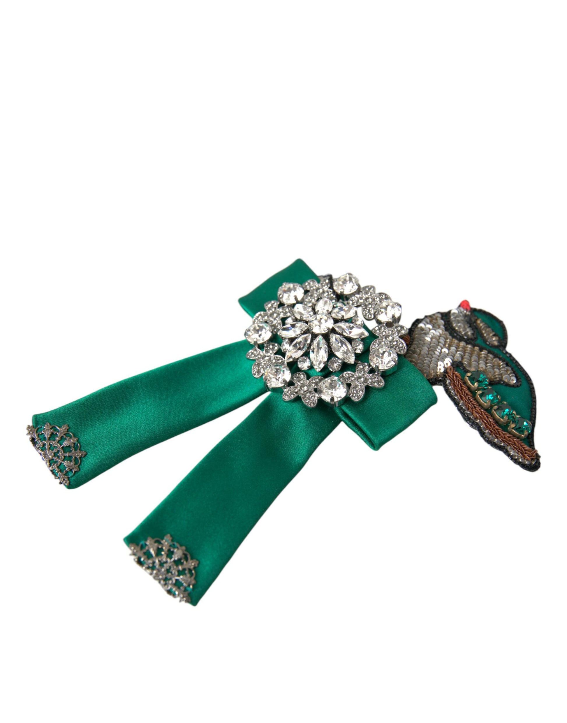 Dolce & Gabbana Green Satin Bird Crystal Women Hair Clip Curated Luxury Accessories by Orvyn