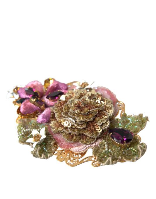 Dolce & Gabbana Gold Brass Floral Crystal Sequined Hair Clip Curated Luxury Accessories by Orvyn