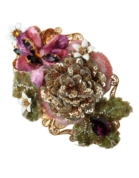 Dolce & Gabbana Gold Brass Floral Crystal Sequined Hair Clip Curated Luxury Accessories by Orvyn