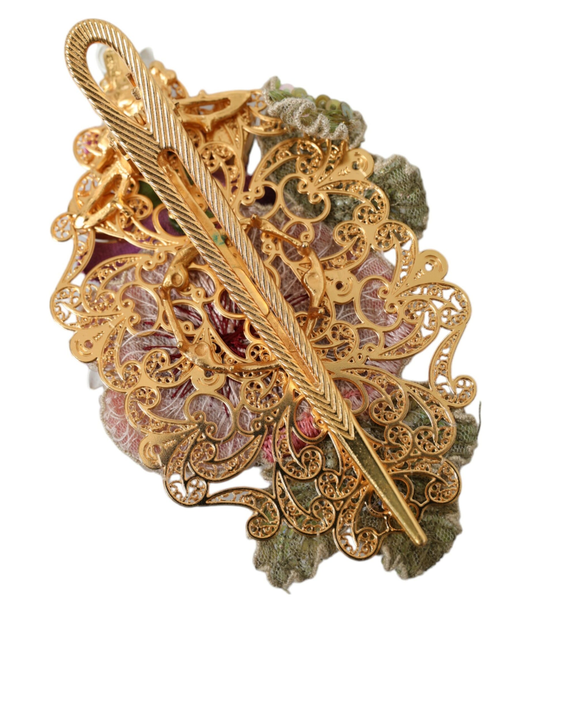 Dolce & Gabbana Gold Brass Floral Crystal Sequined Hair Clip Curated Luxury Accessories by Orvyn