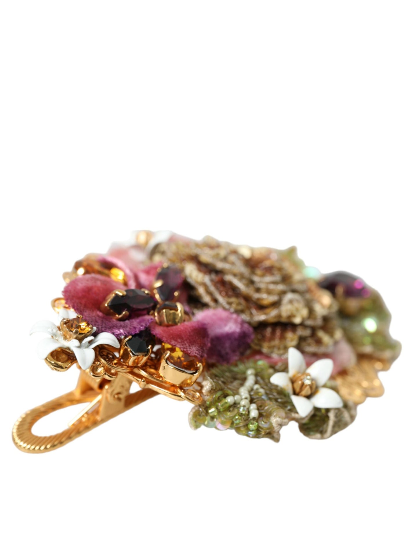 Dolce & Gabbana Gold Brass Floral Crystal Sequined Hair Clip Curated Luxury Accessories by Orvyn